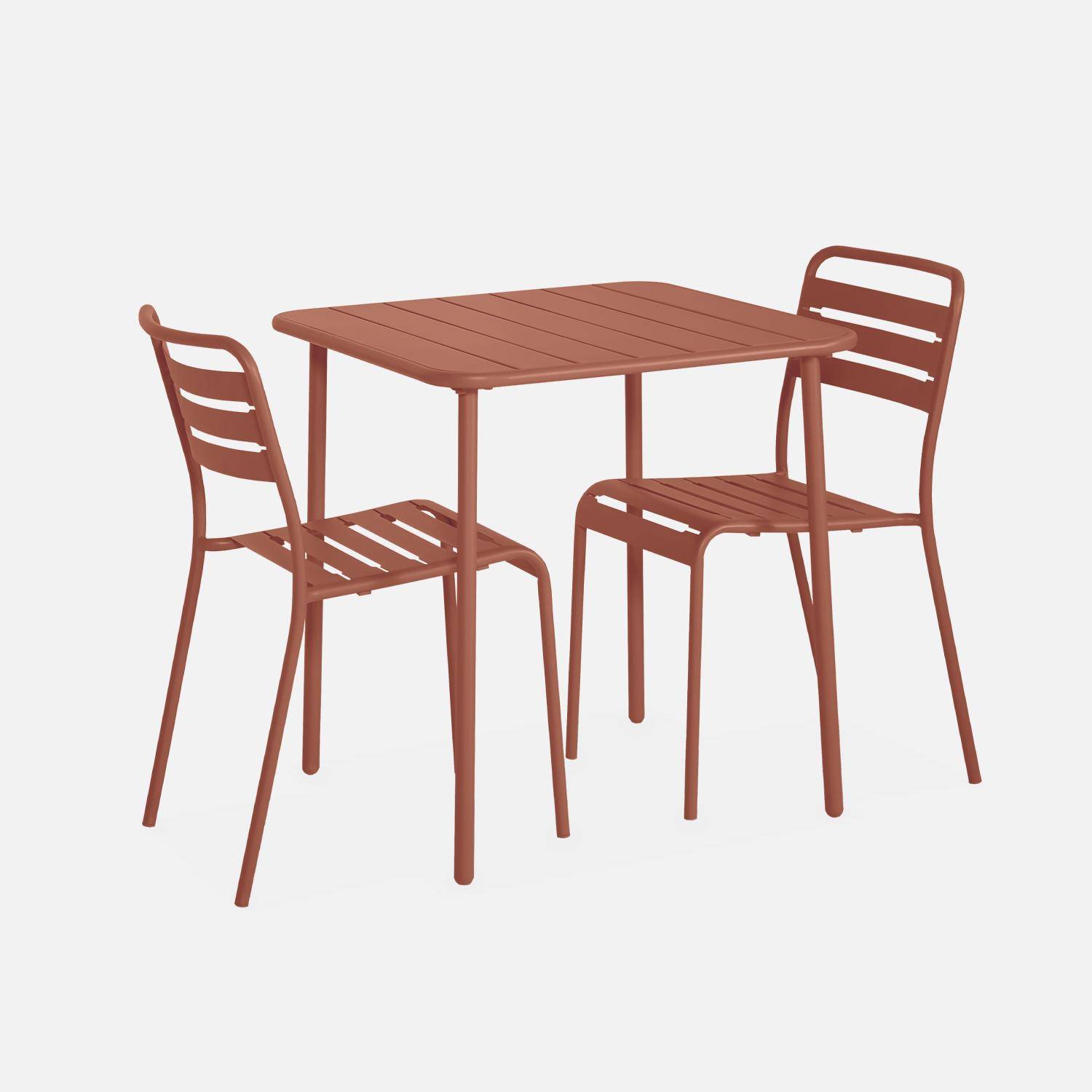 Amélia terracotta metalen tuintafel met 2 stoelen, latten en afgeronde hoeken, roestbestendige afwerking Photo4