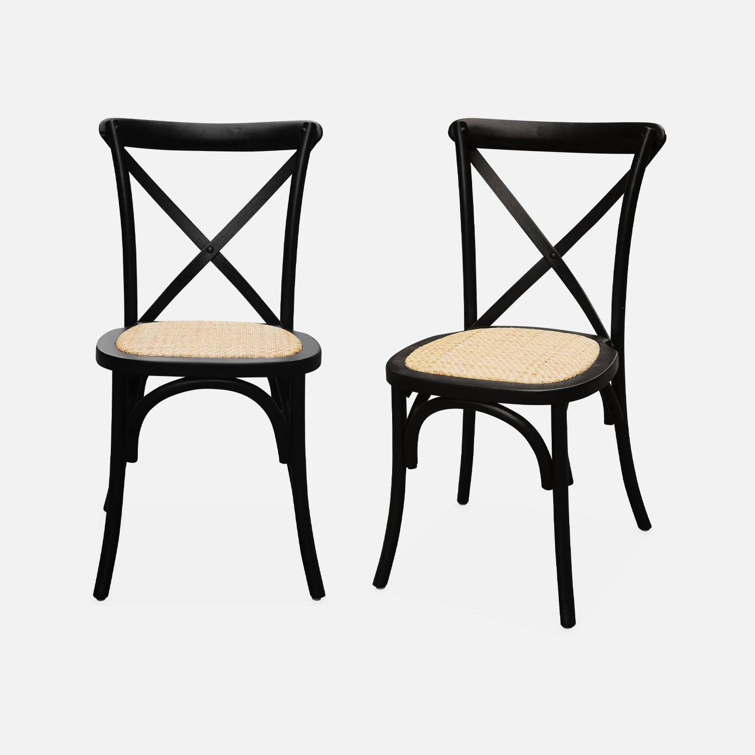 Lot de 2 chaises de bistrot en bois d'hévéa noir, vintage, assise en rotin, empilables Photo3