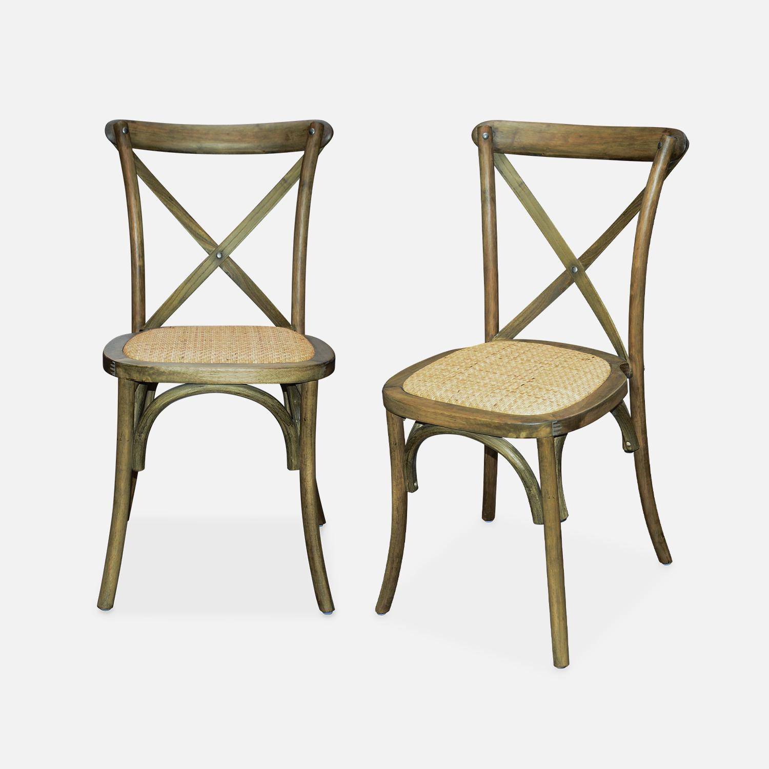Set von 2 Bistrostühlen aus altbraunem Hevea-Holz, Vintage, Sitzfläche aus Rattan, stapelbar,sweeek,Photo3