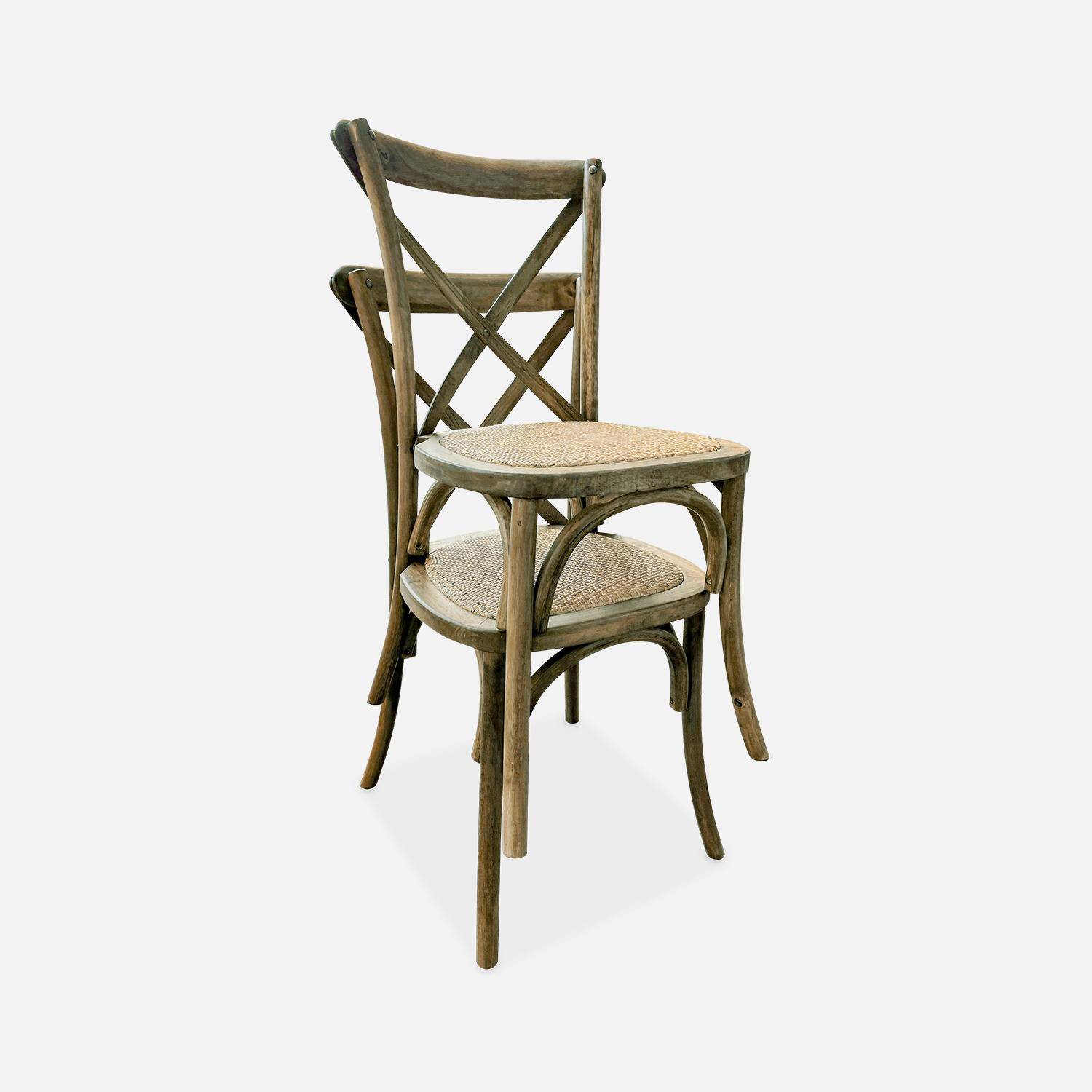 Lot de 2 chaises de bistrot en bois d'hévéa marron vieilli, vintage, assise en rotin, empilables,sweeek,Photo6