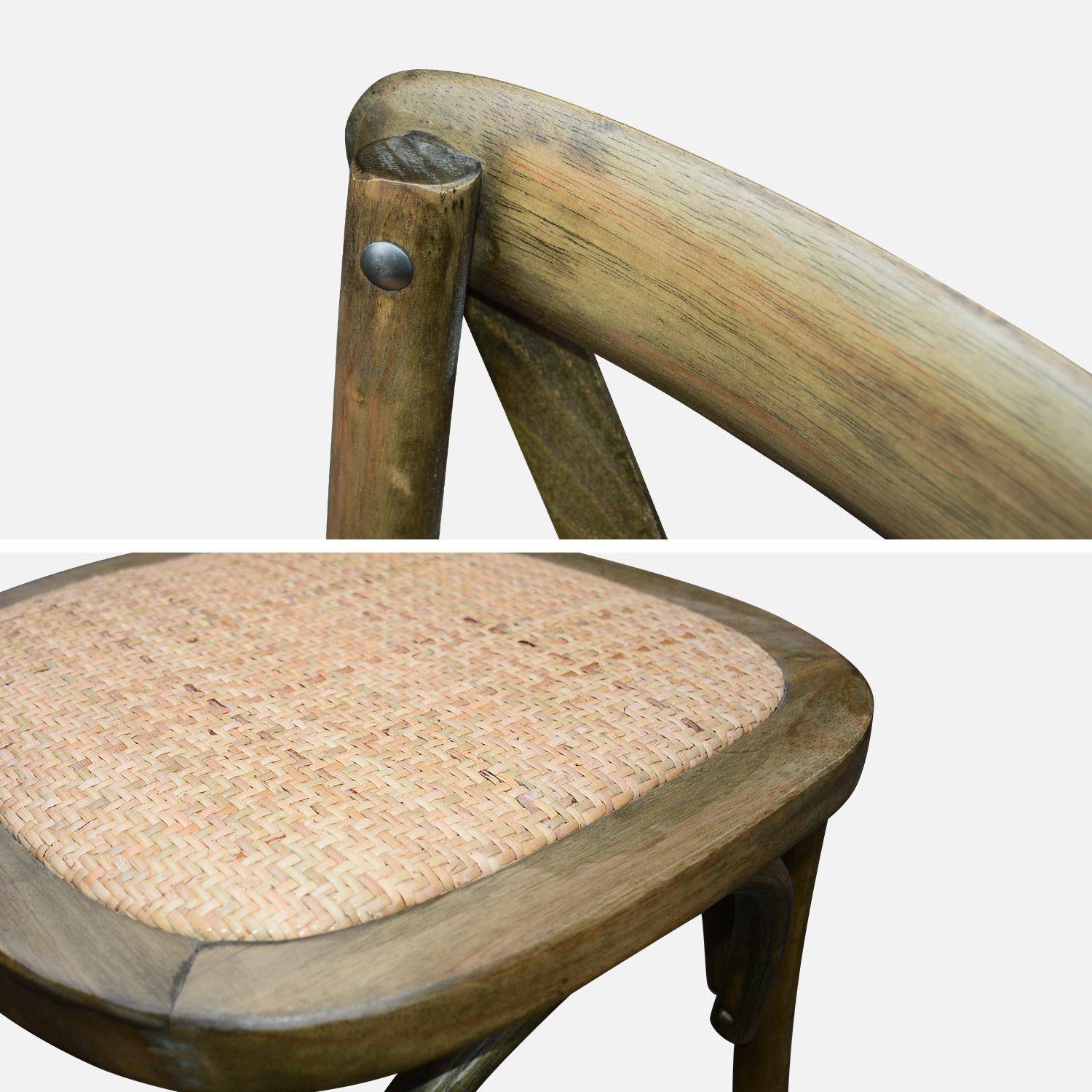 Lot de 2 chaises de bistrot en bois d'hévéa marron vieilli, vintage, assise en rotin, empilables,sweeek,Photo5