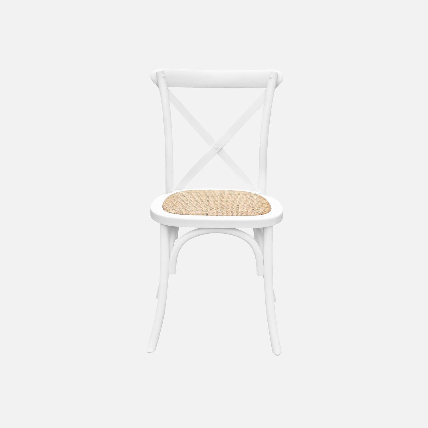 Lot de 2 chaises de bistrot en bois d'hévéa blanc, vintage, assise en rotin, empilables,sweeek,Photo4