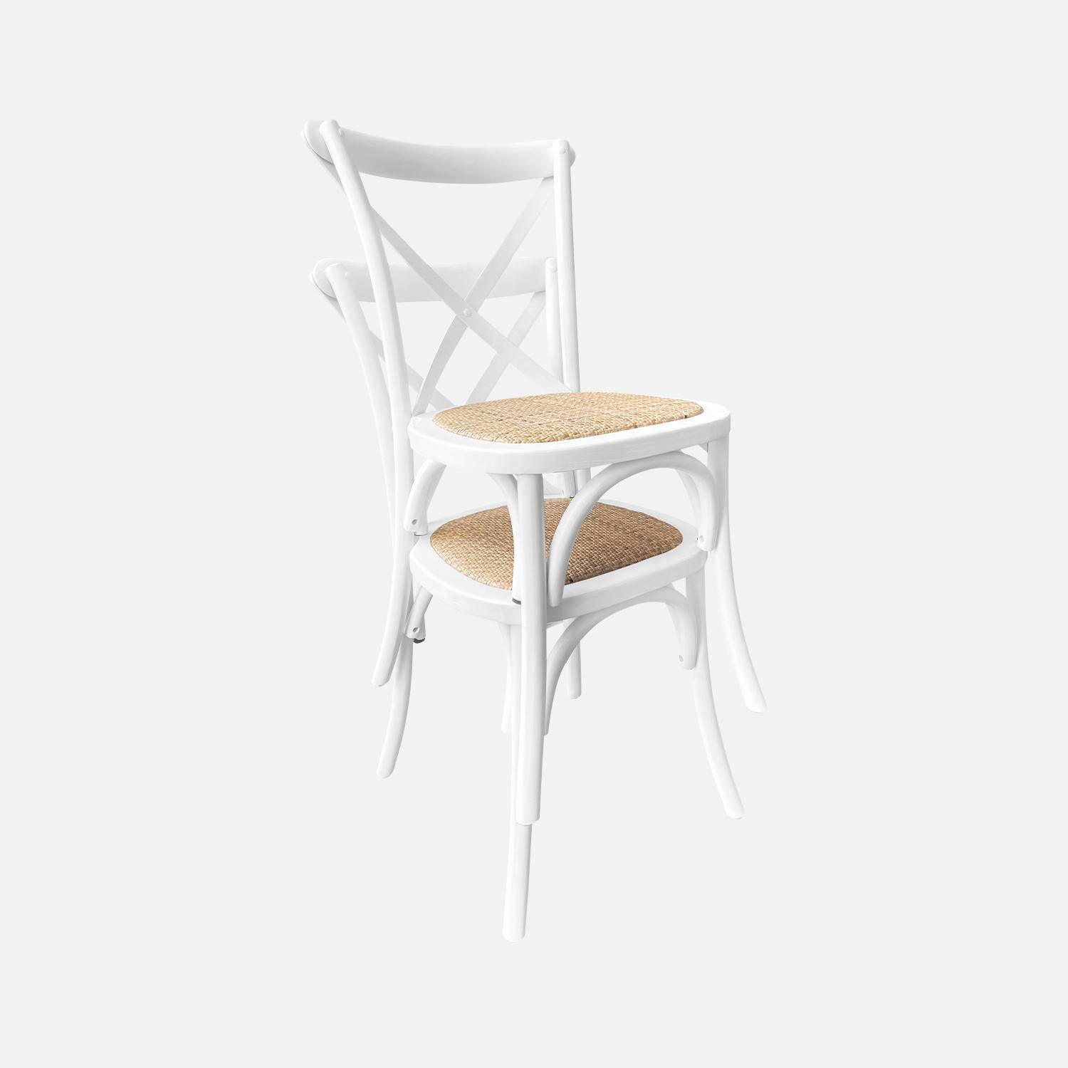 Lot de 2 chaises de bistrot en bois d'hévéa blanc, vintage, assise en rotin, empilables,sweeek,Photo6