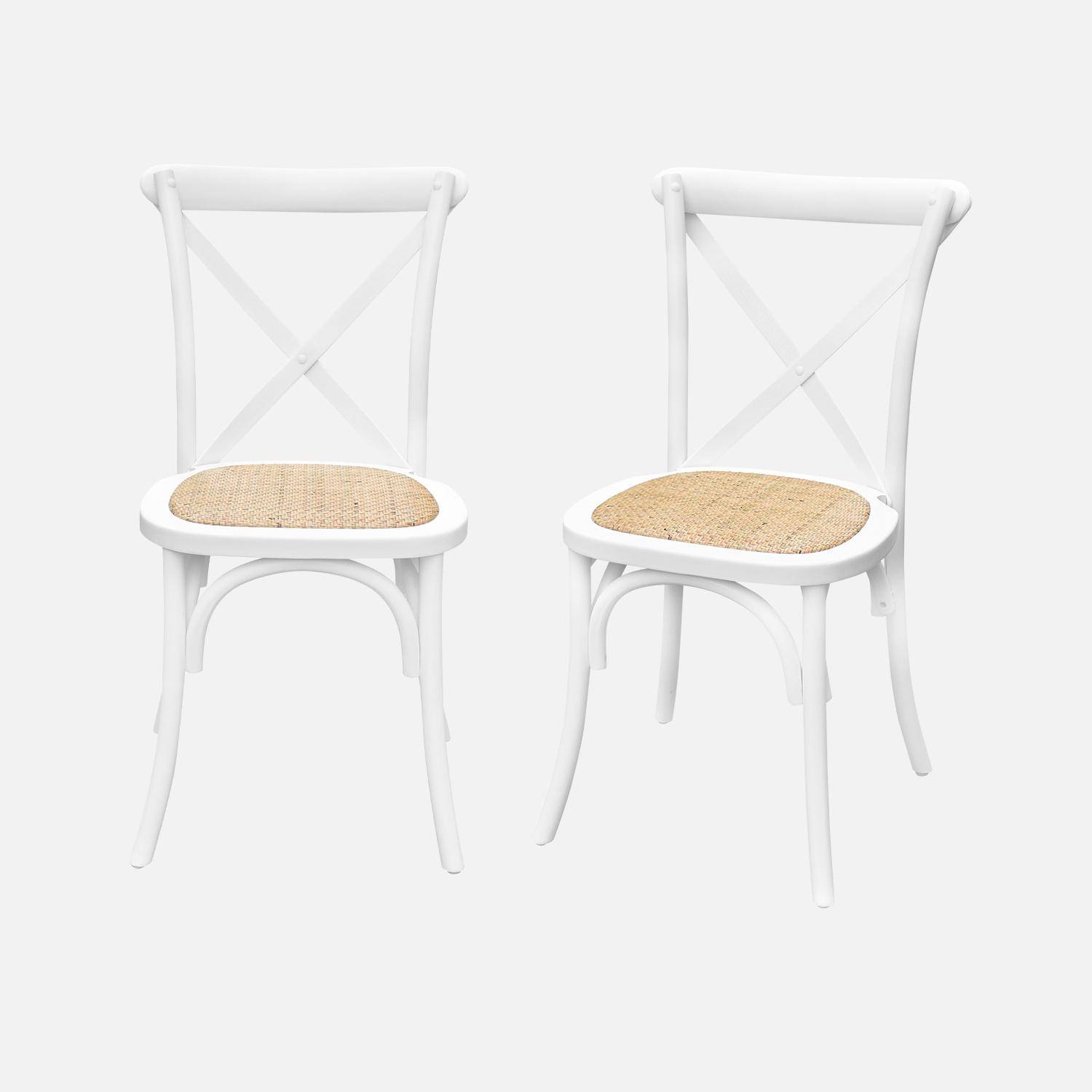Lot de 2 chaises de bistrot en bois d'hévéa blanc, vintage, assise en rotin, empilables,sweeek,Photo3