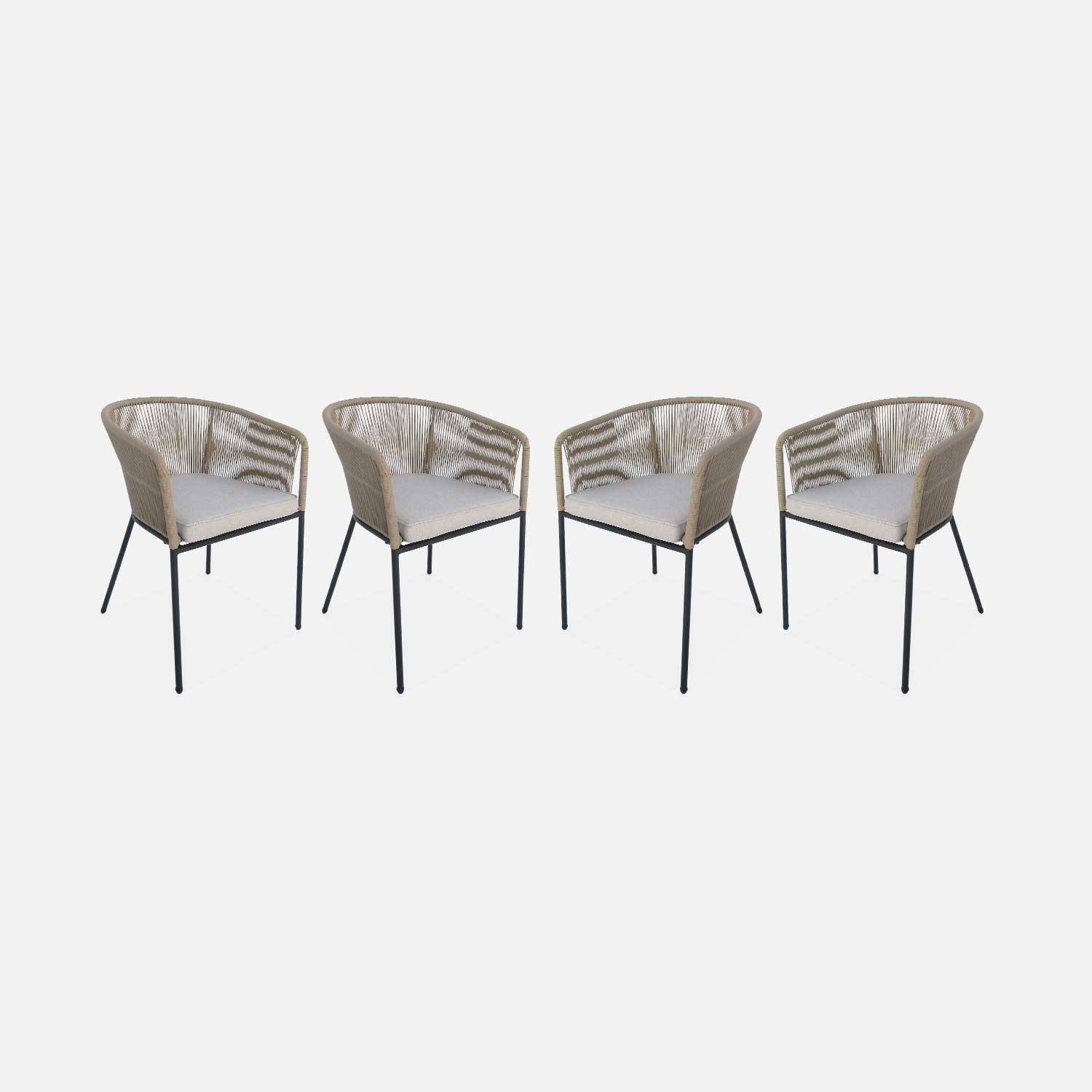 4 fauteuils de jardin, corde beige, coussins beige