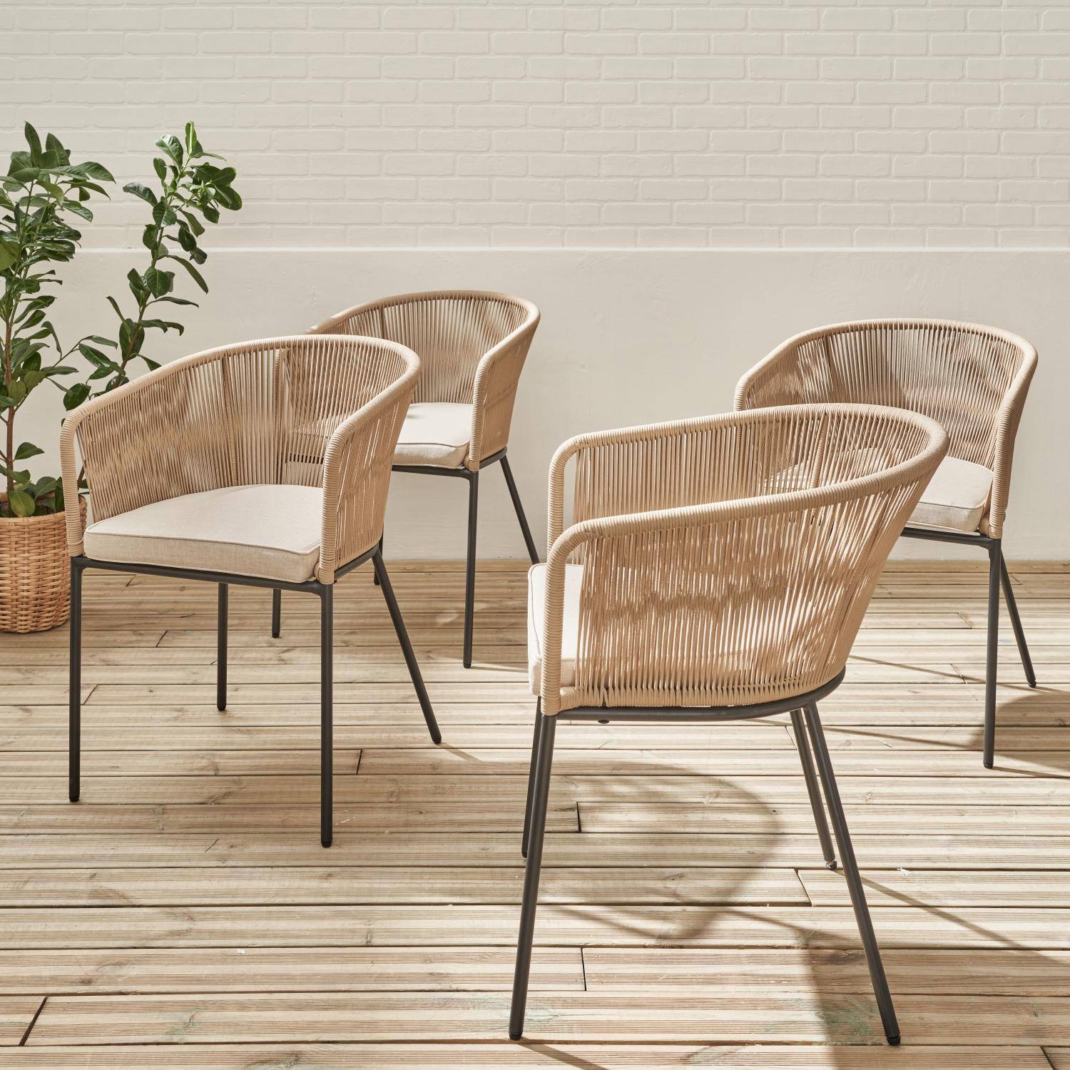 Set van 4 beige tuinstoelen van touw en gegalvaniseerd staal, beige kussen Photo2