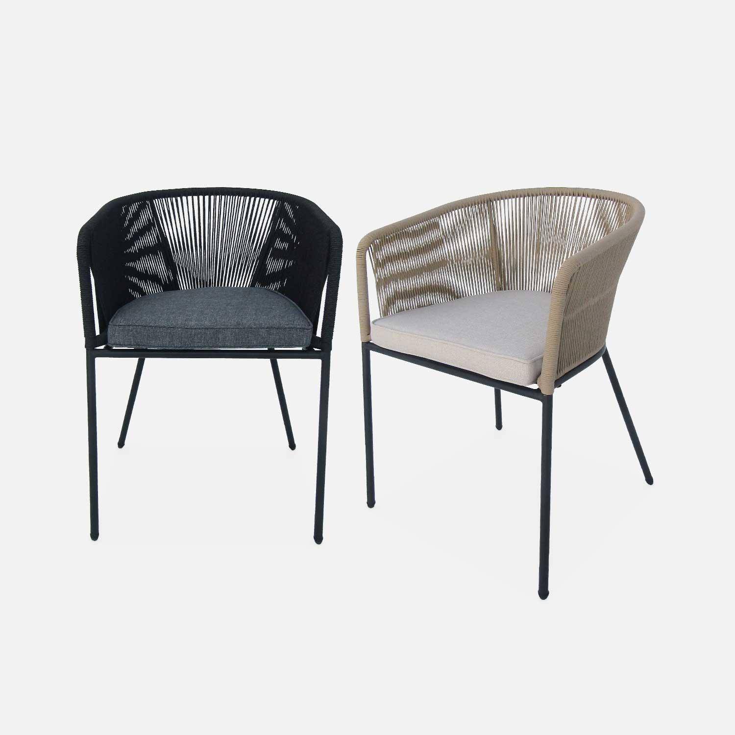 Set van 4 beige tuinstoelen van touw en gegalvaniseerd staal, beige kussen Photo5
