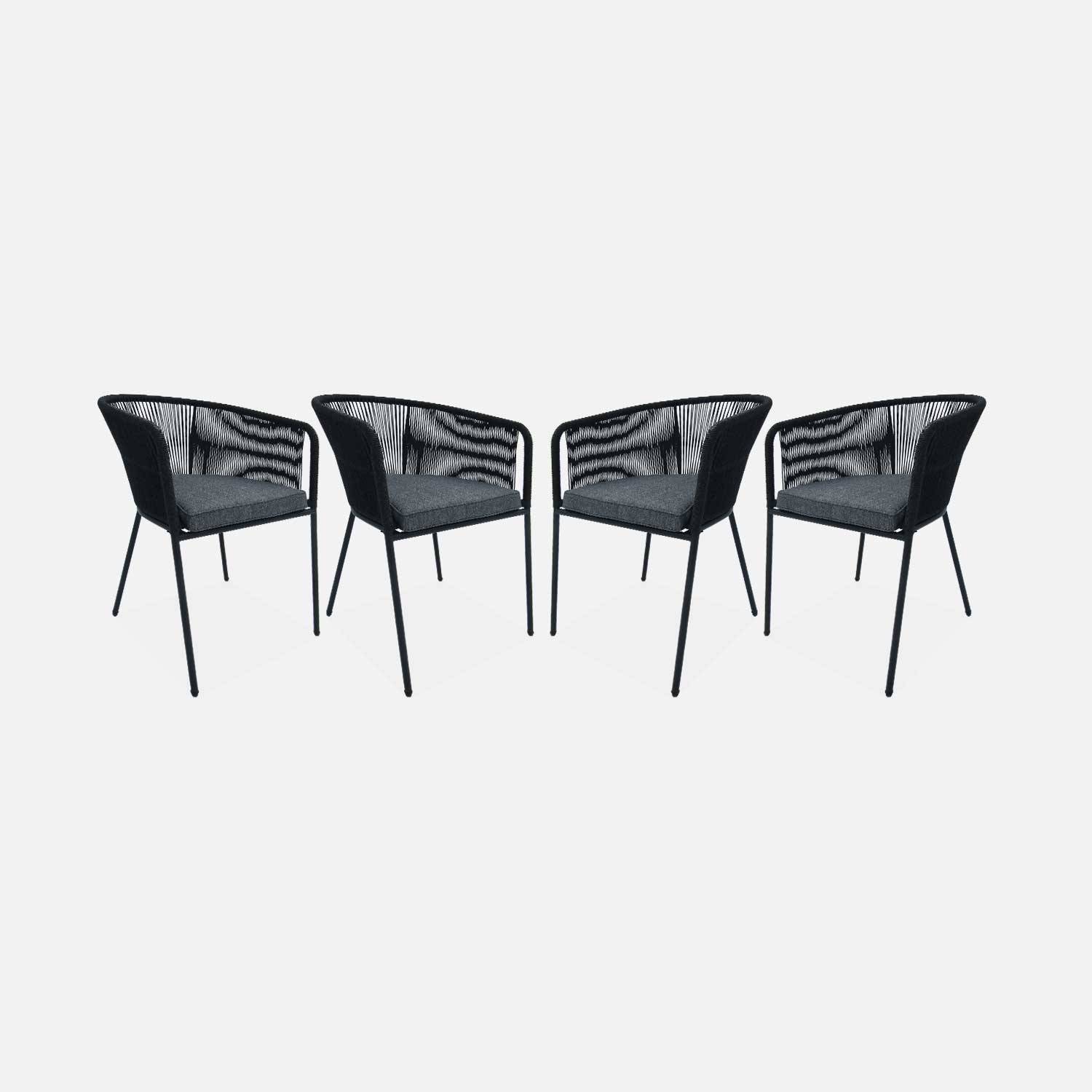 4 fauteuils de jardin, corde noire,coussin gris  | sweeek