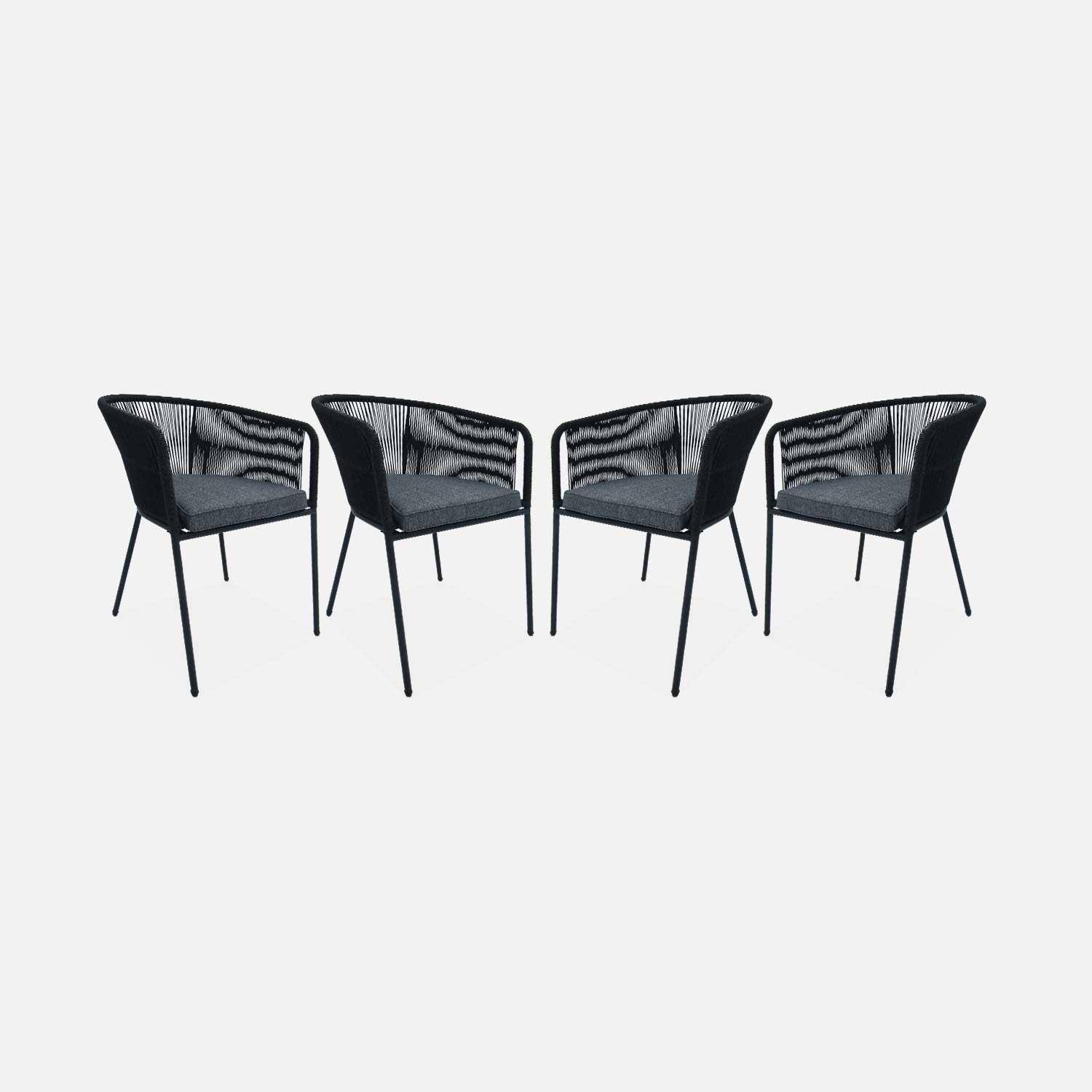 Lot de 4 fauteuils de jardin en corde noire et acier galvanisé, coussin gris ,sweeek,Photo3