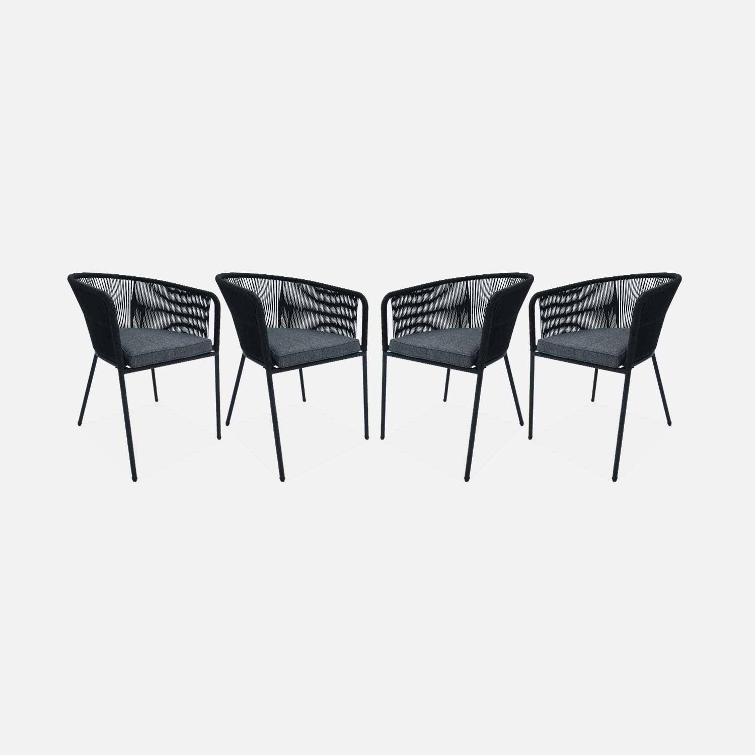 Lot de 4 fauteuils de jardin en corde noire et acier galvanisé, coussin gris  Photo3