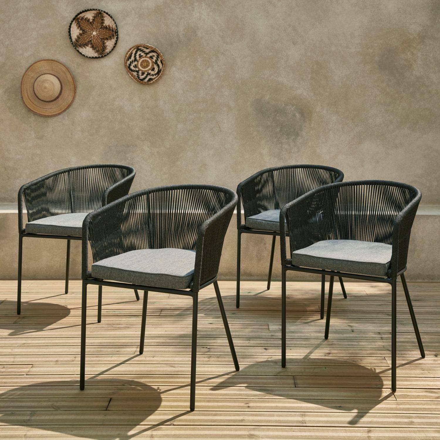 Lot de 4 fauteuils de jardin en corde noire et acier galvanisé, coussin gris  Photo1