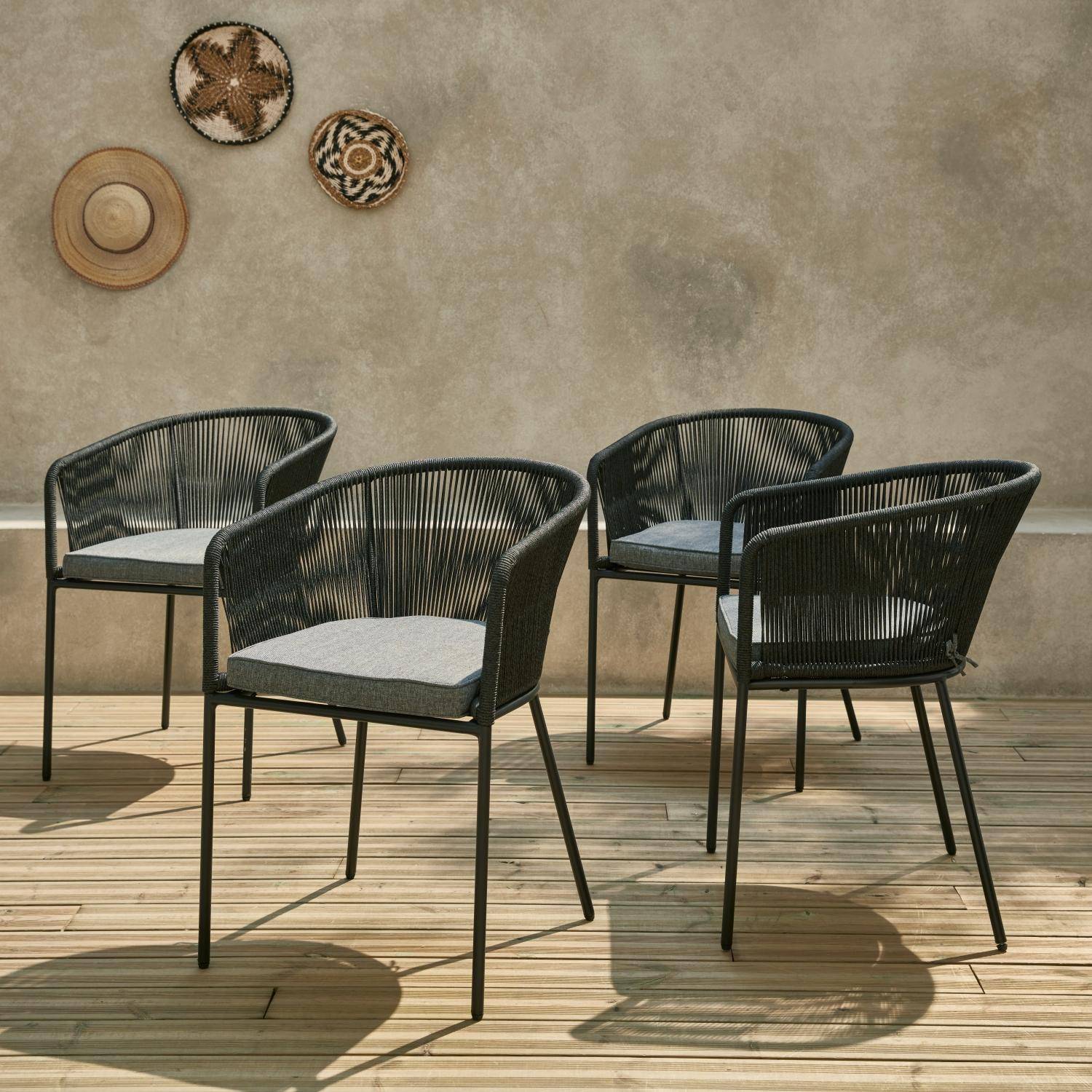 Lot de 4 fauteuils de jardin en corde noire et acier galvanisé, coussin gris ,sweeek,Photo2