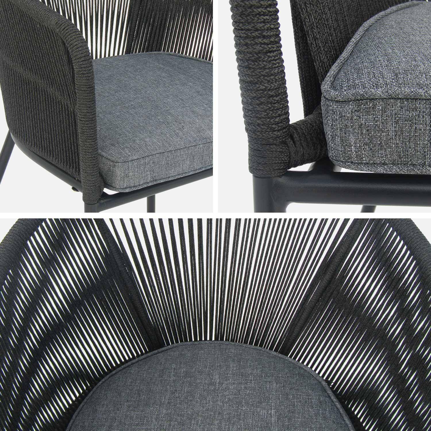 Lote de 4 sillones de jardín de cuerda negra y acero galvanizado, cojines grises,sweeek,Photo4