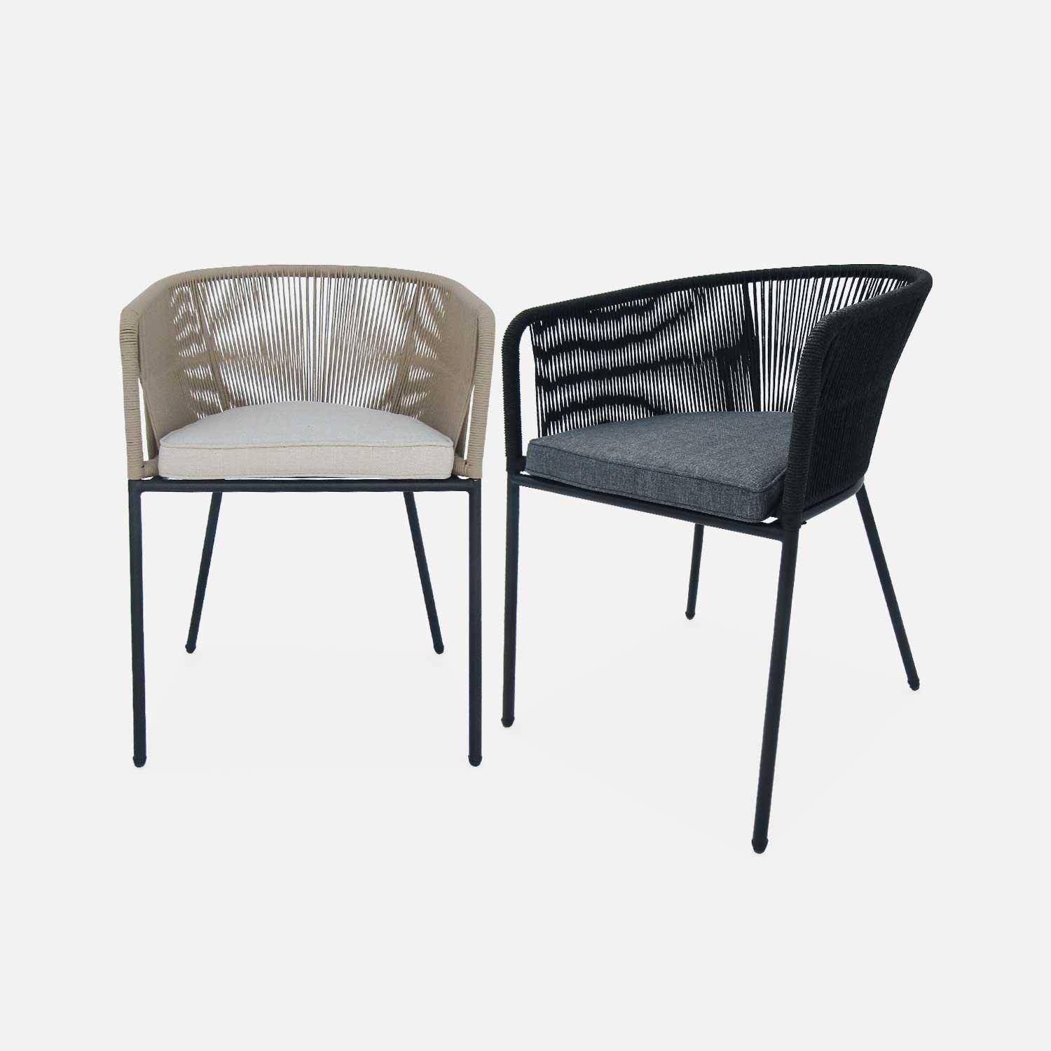 Lot de 4 fauteuils de jardin en corde noire et acier galvanisé, coussin gris  Photo5