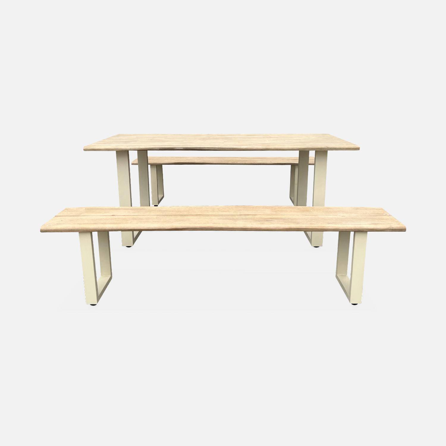 Table de jardin 6 places en bois avec bancs bois d'acacia et structure en acier ivoire Photo4