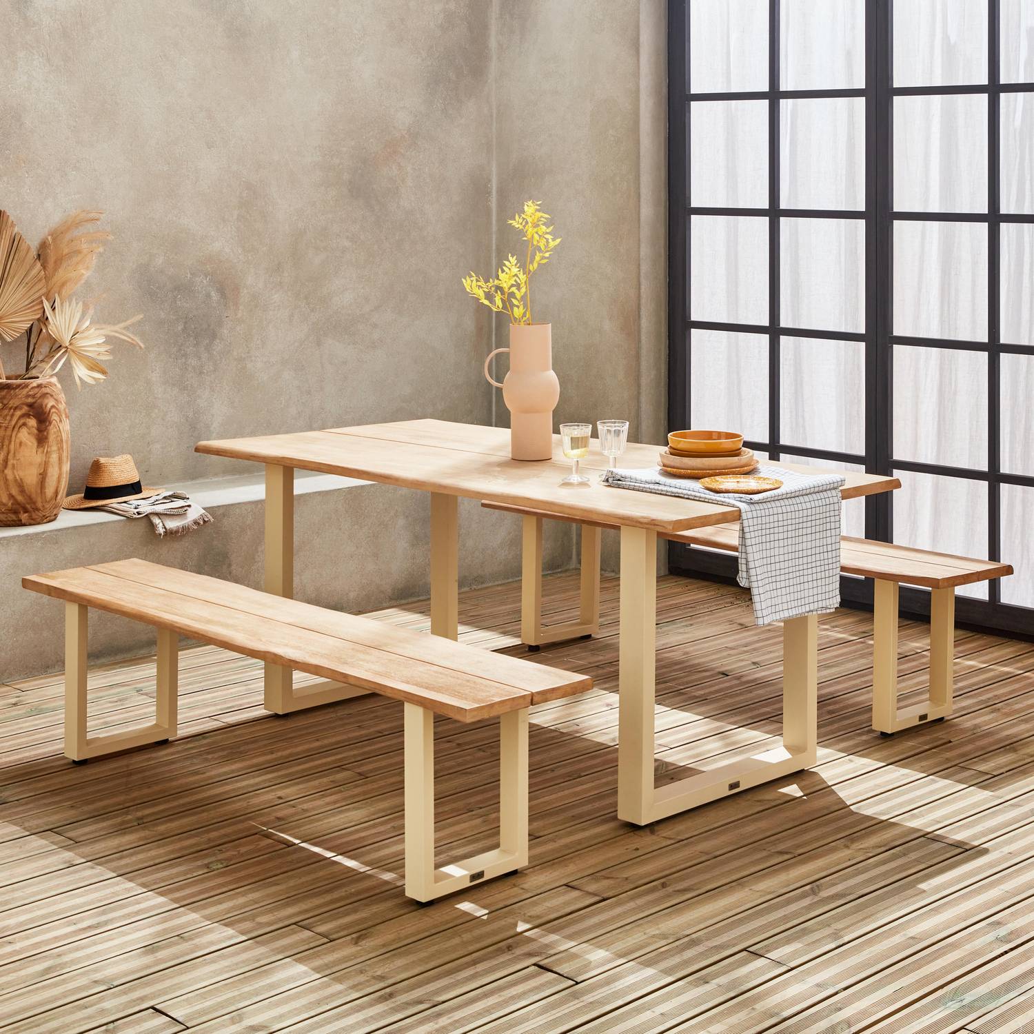 Table de jardin 6 places en bois avec bancs bois d'acacia et structure en acier ivoire Photo2