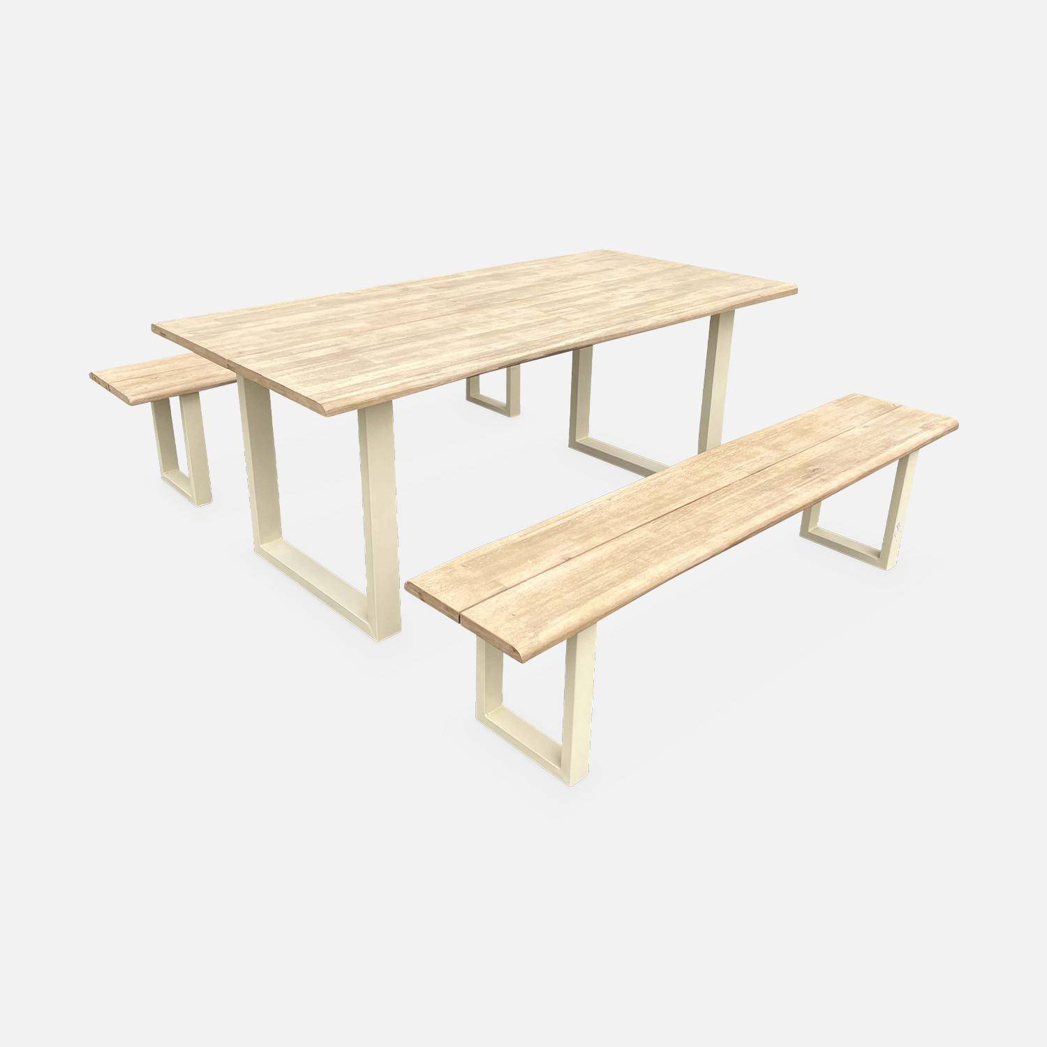 Table de jardin 6 places en bois avec bancs bois d'acacia et structure en acier ivoire Photo3