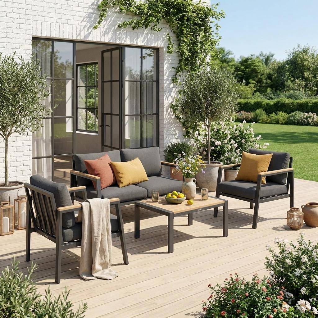 Salon de jardin Casoria, gris foncé, aluminium et polywood 4 places, 1 canapé, 2 fauteuils, 1 table basse,sweeek,Photo2