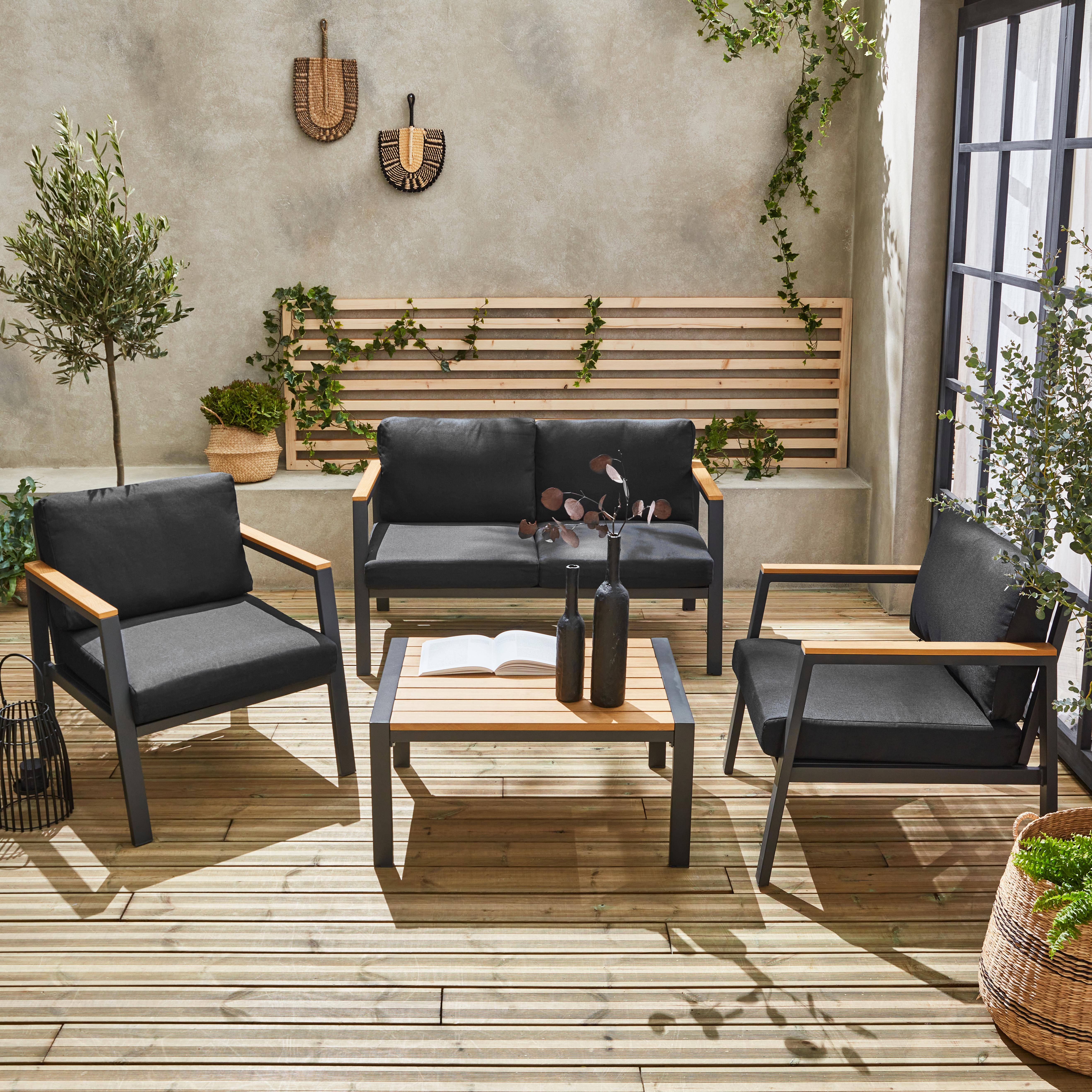 Salon de jardin Casoria, gris foncé, aluminium et polywood 4 places, 1 canapé, 2 fauteuils, 1 table basse,sweeek,Photo4