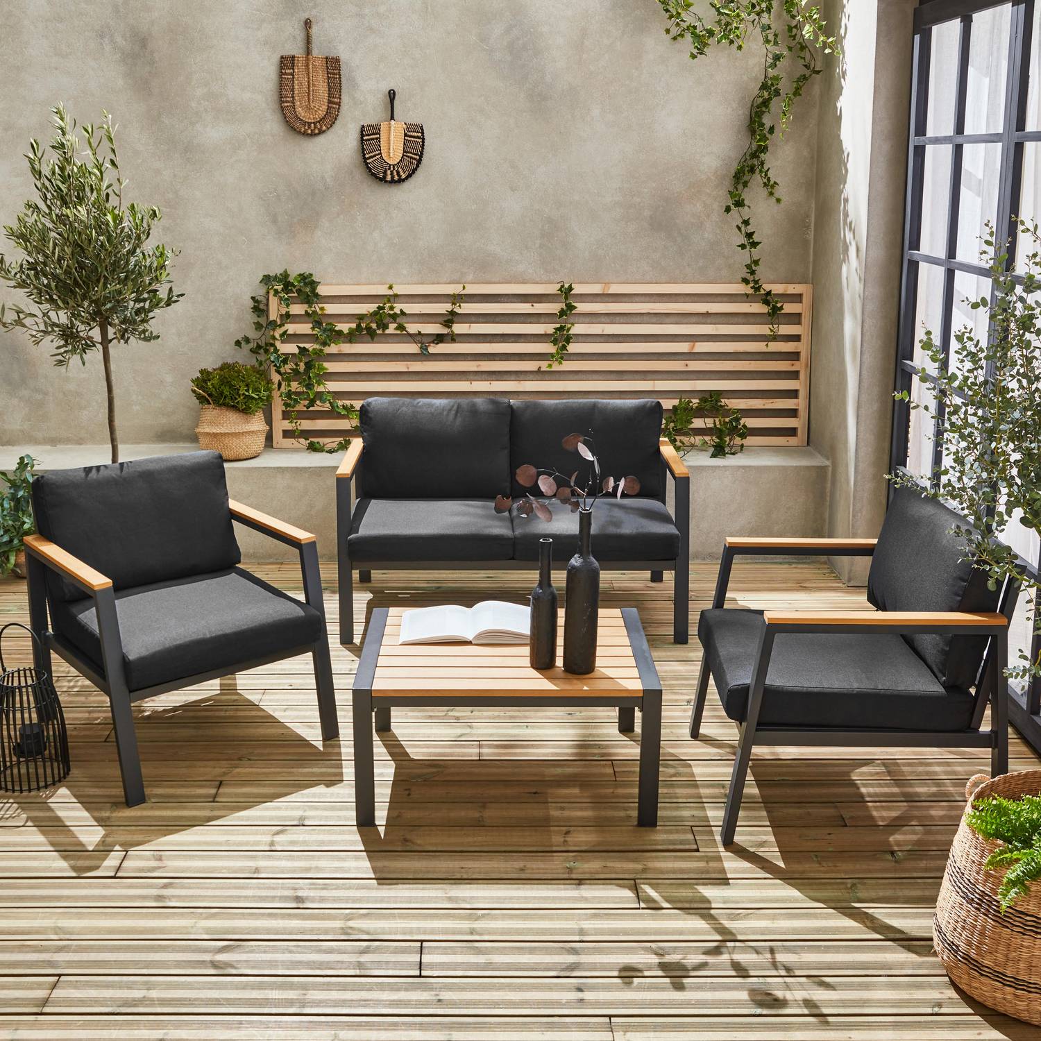 Salon de jardin Casoria, gris foncé, aluminium et polywood 4 places, 1 canapé, 2 fauteuils, 1 table basse Photo2