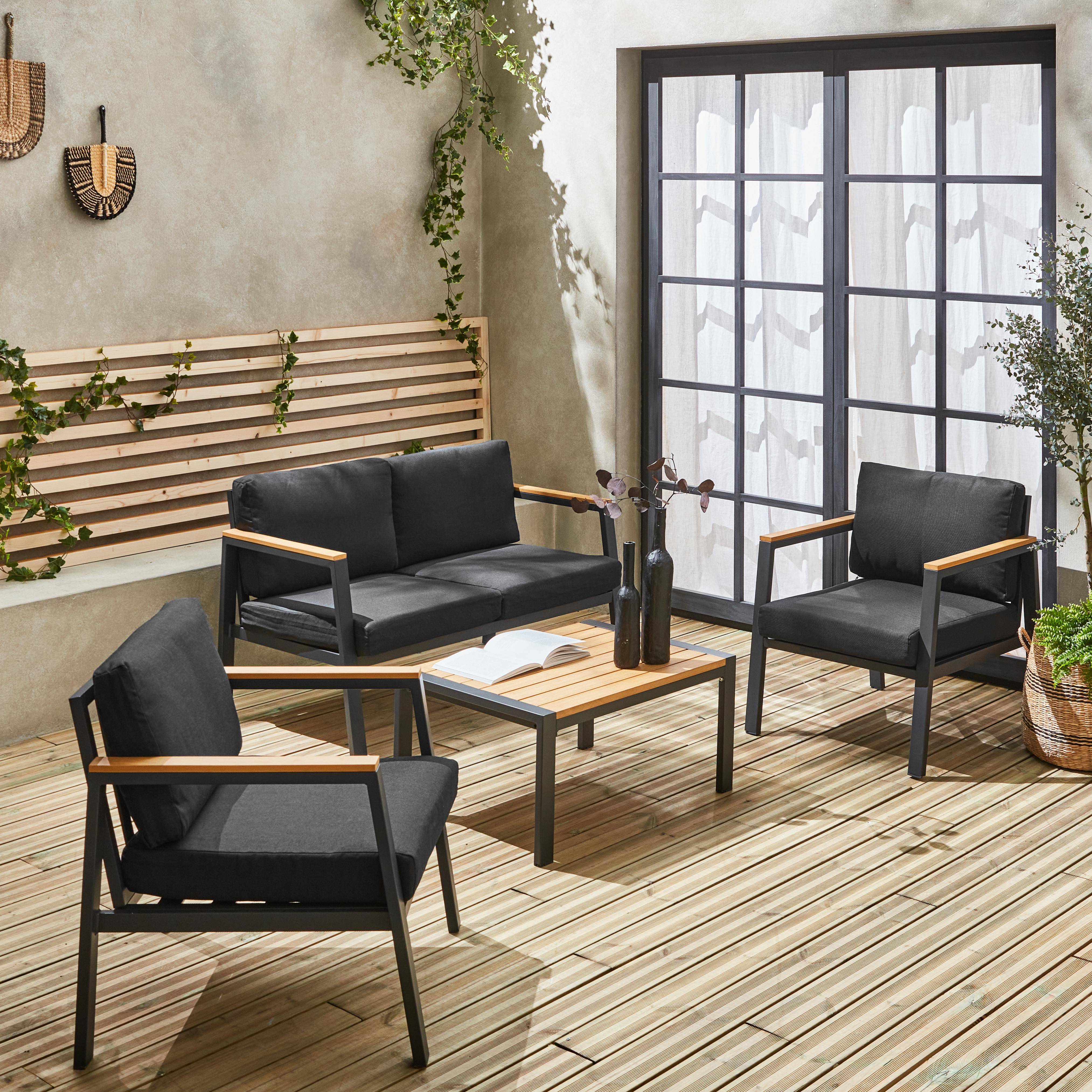 Salon de jardin Casoria, gris foncé, aluminium et polywood 4 places, 1 canapé, 2 fauteuils, 1 table basse,sweeek,Photo3