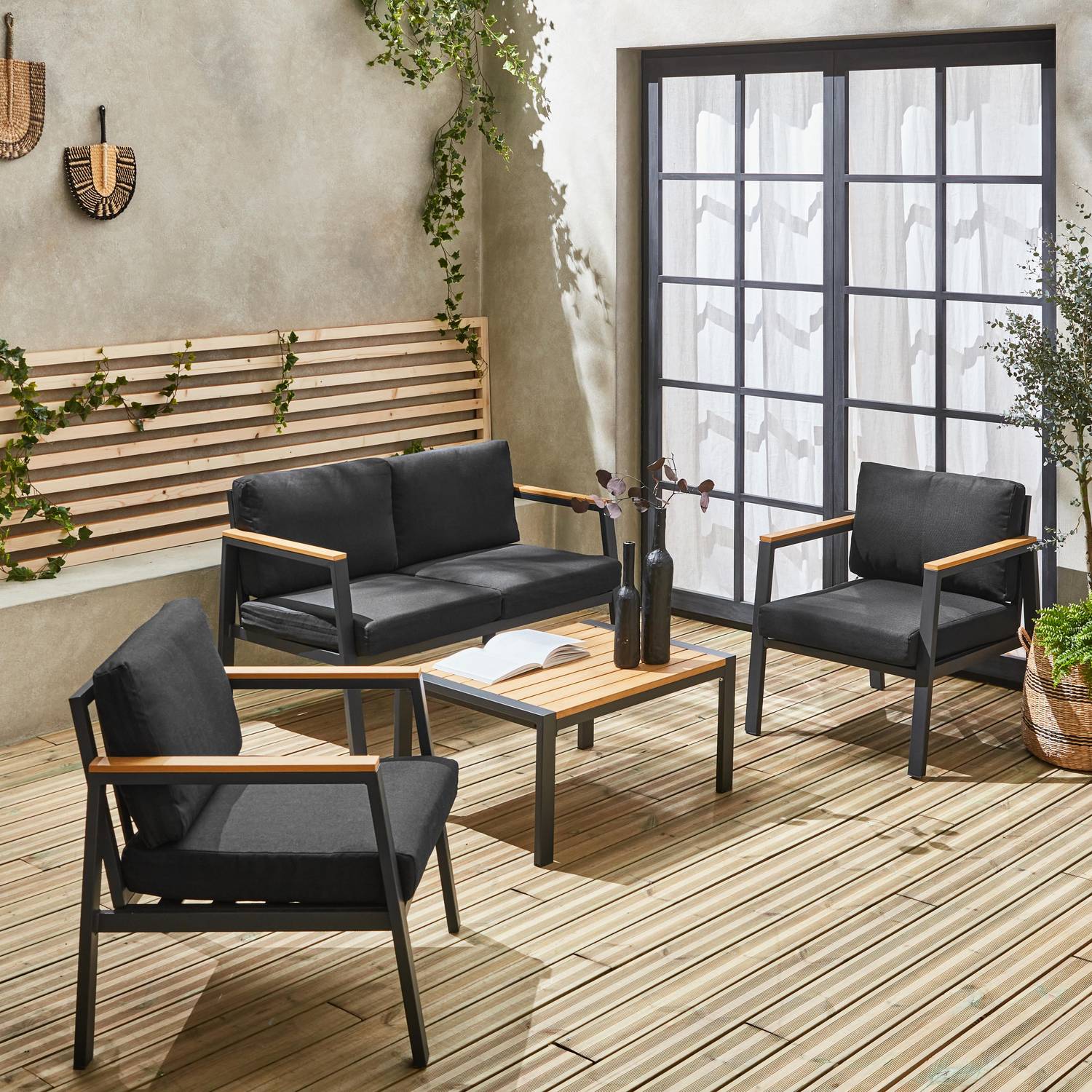 Salon de jardin Casoria, gris foncé, aluminium et polywood 4 places, 1 canapé, 2 fauteuils, 1 table basse Photo1