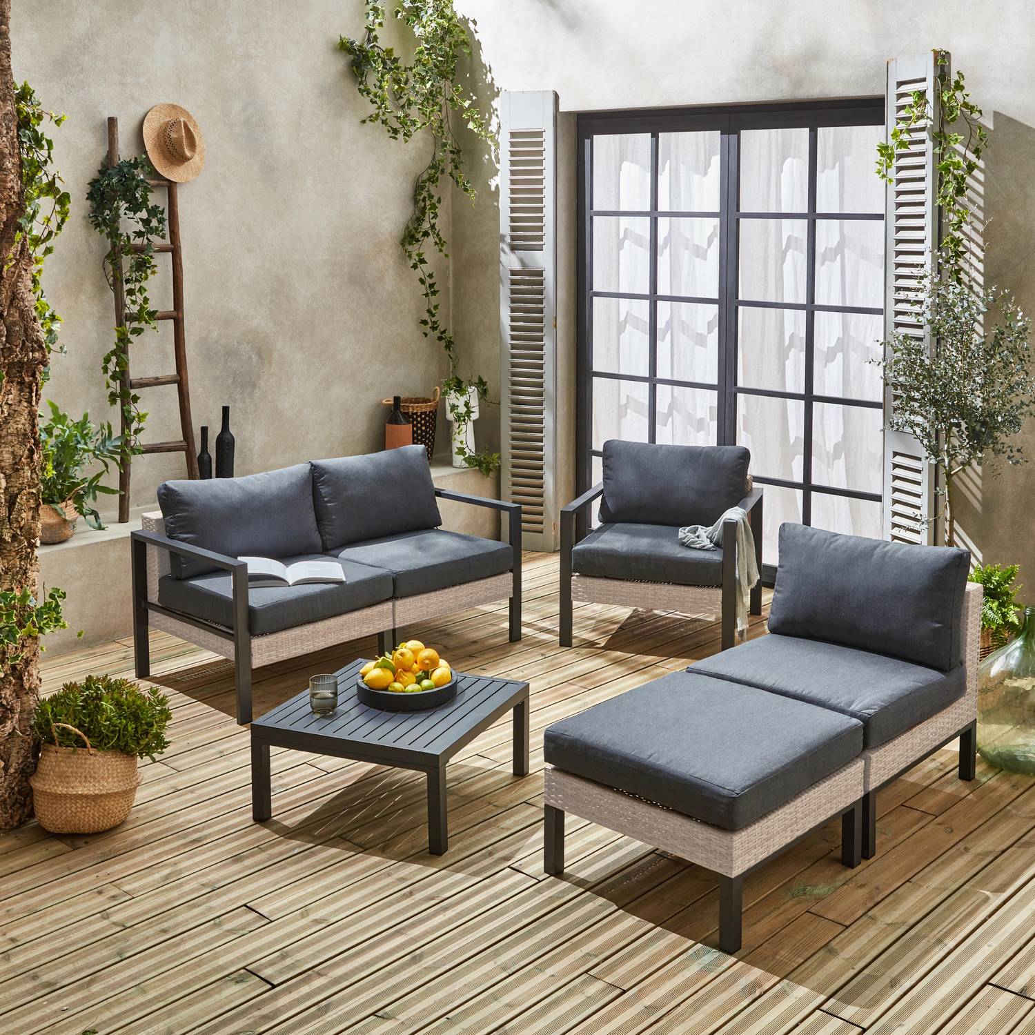 Set di mobili da giardino VELLETRI, grigio scuro, alluminio, resina intrecciata, 5 posti L68 x P74 x H63/76cm Photo2