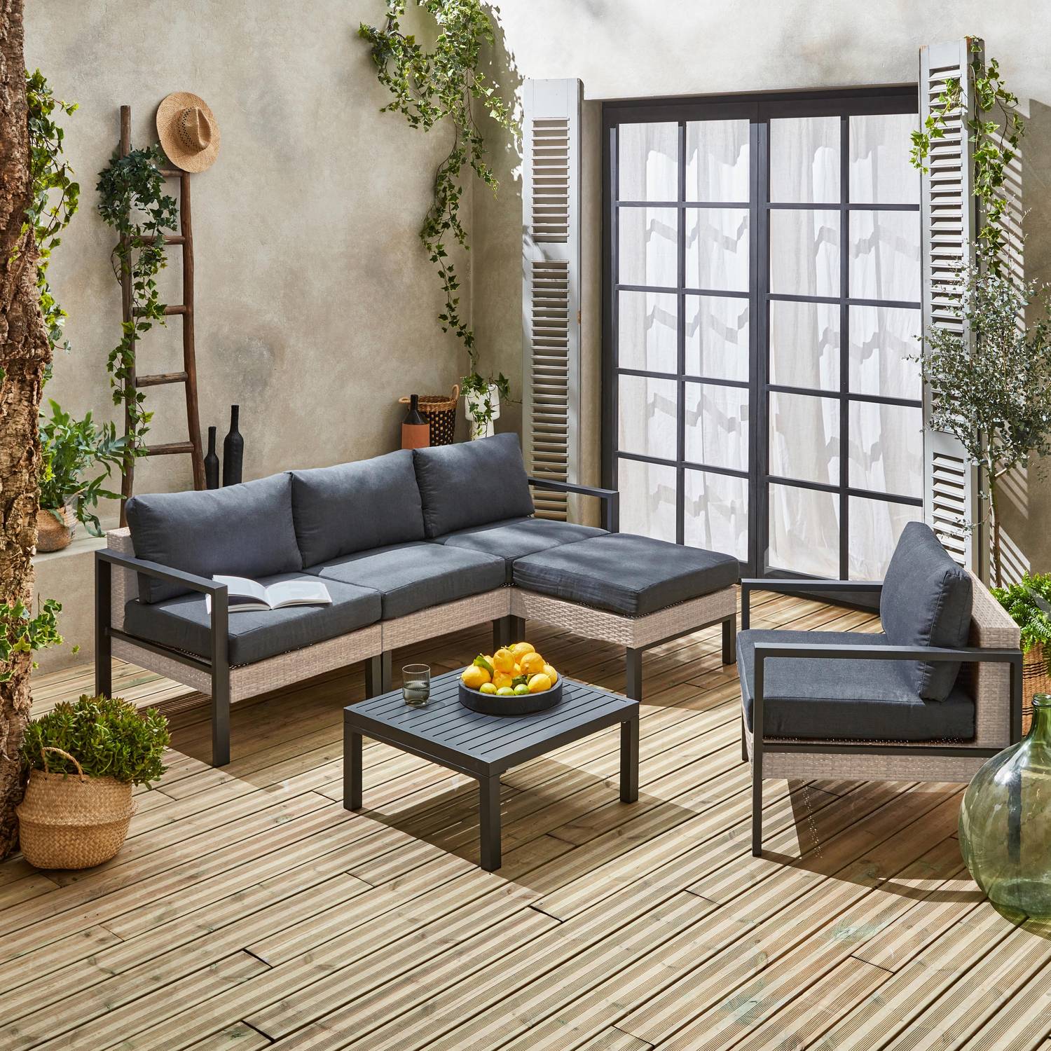 Set di mobili da giardino VELLETRI, grigio scuro, alluminio, resina intrecciata, 5 posti L68 x P74 x H63/76cm Photo3