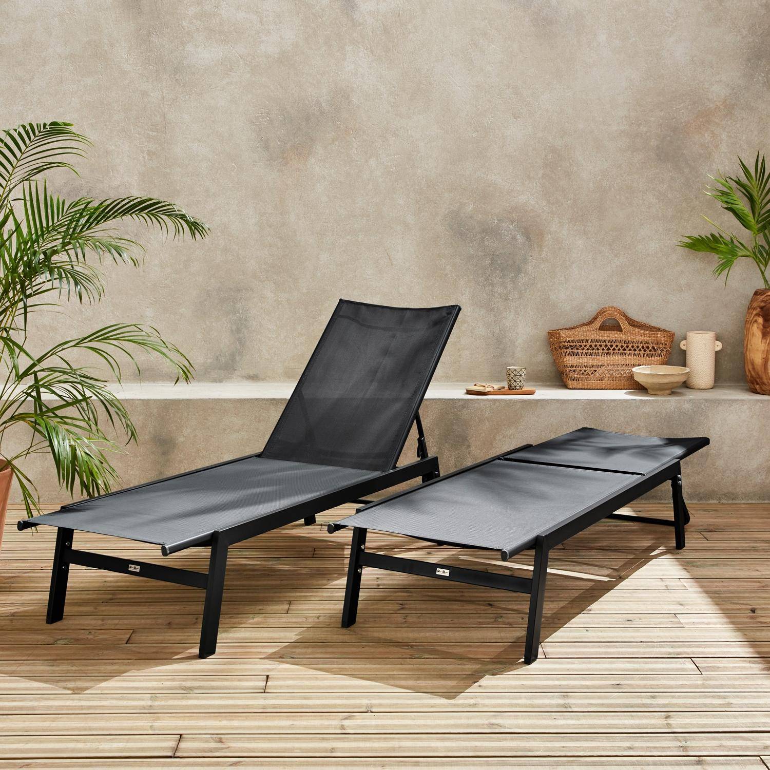 Pair of textilene and metal multi-position loungers, Flora, Black, 155x59x106 cm Photo2