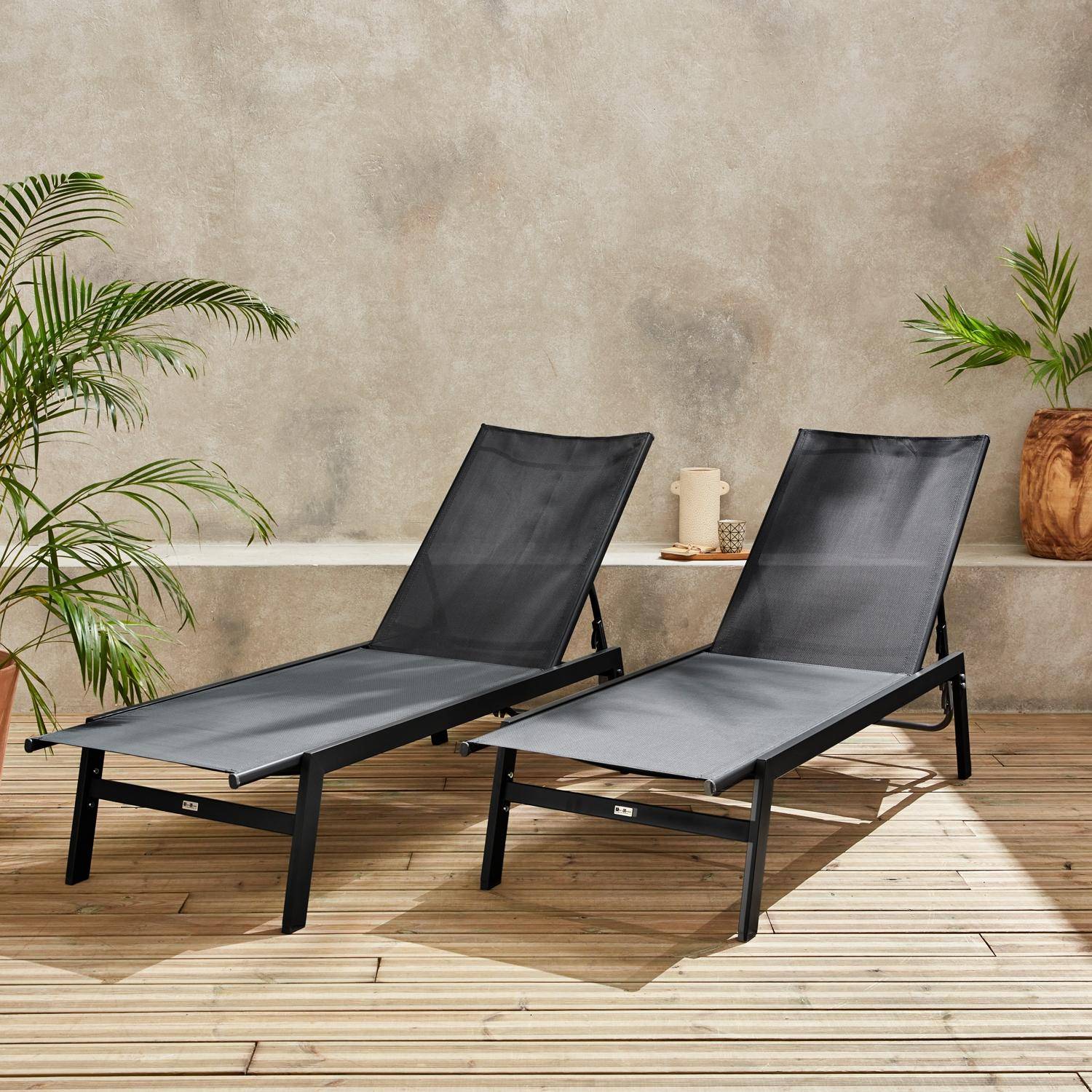 Pair of textilene and metal multi-position loungers, Flora, Black, 155x59x106 cm Photo1