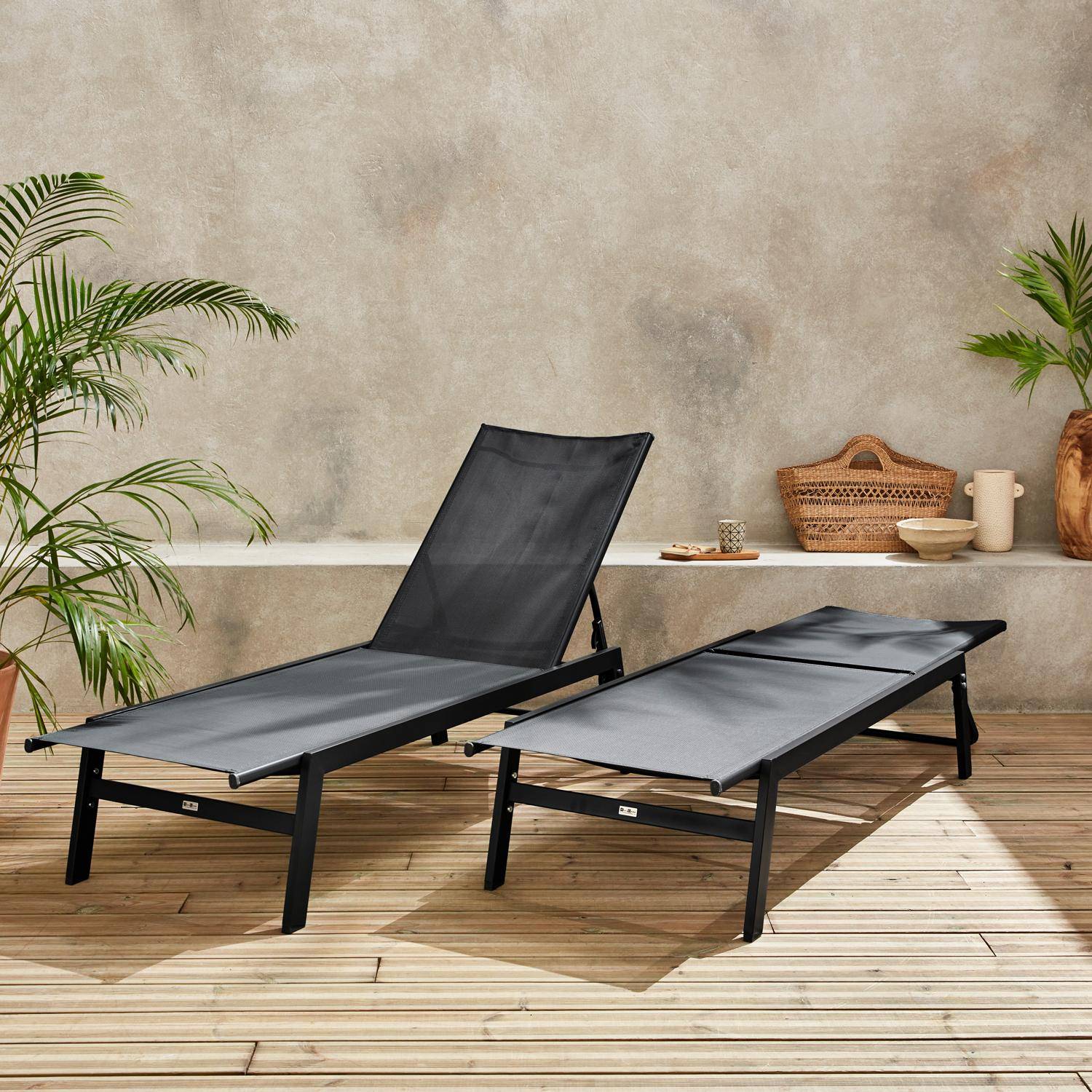 Pair of Textilene and Metal Multi-Position Sun Loungers, Black Photo2