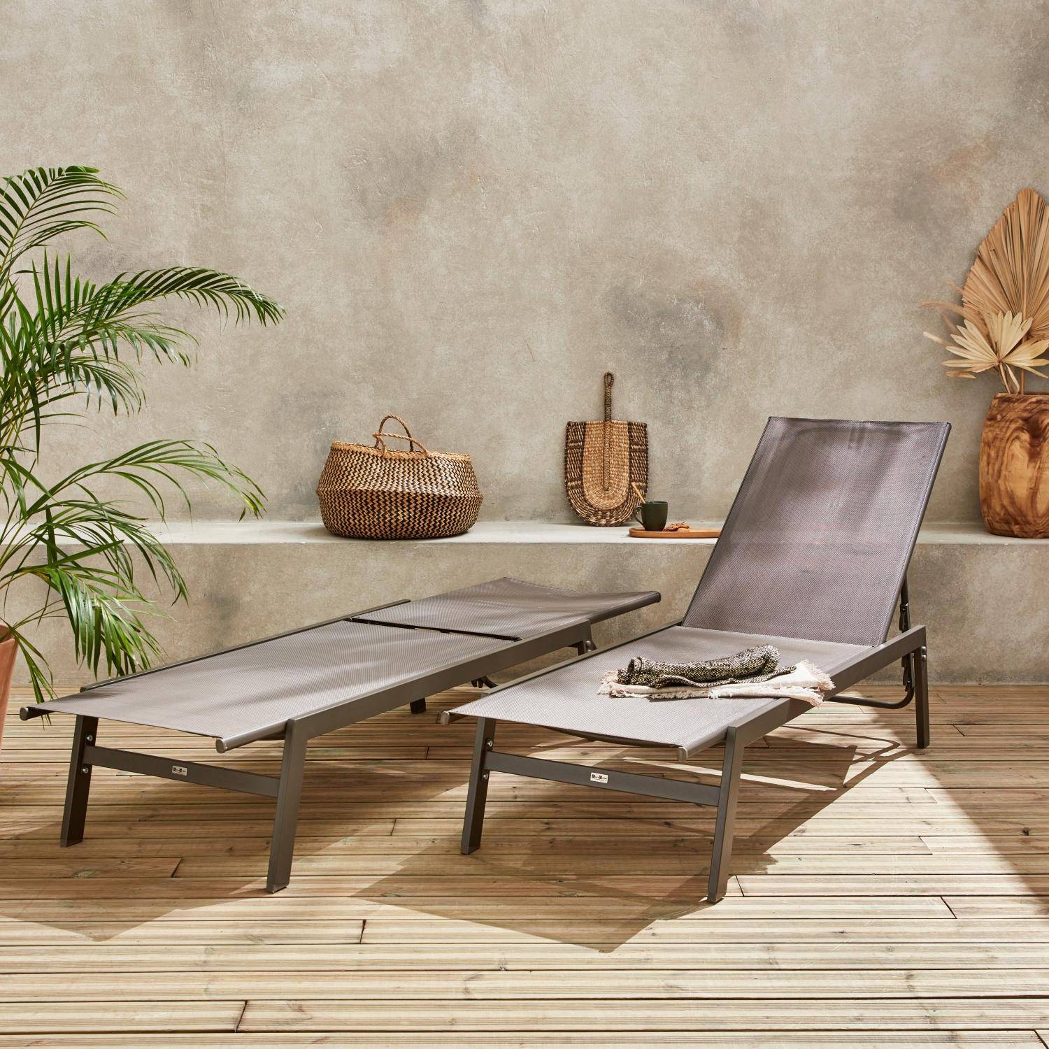 Set van 2 taupe ligstoelen, 5 posities, textilene en metaal, FLORA, B155 x D59 x H106cm,sweeek,Photo2