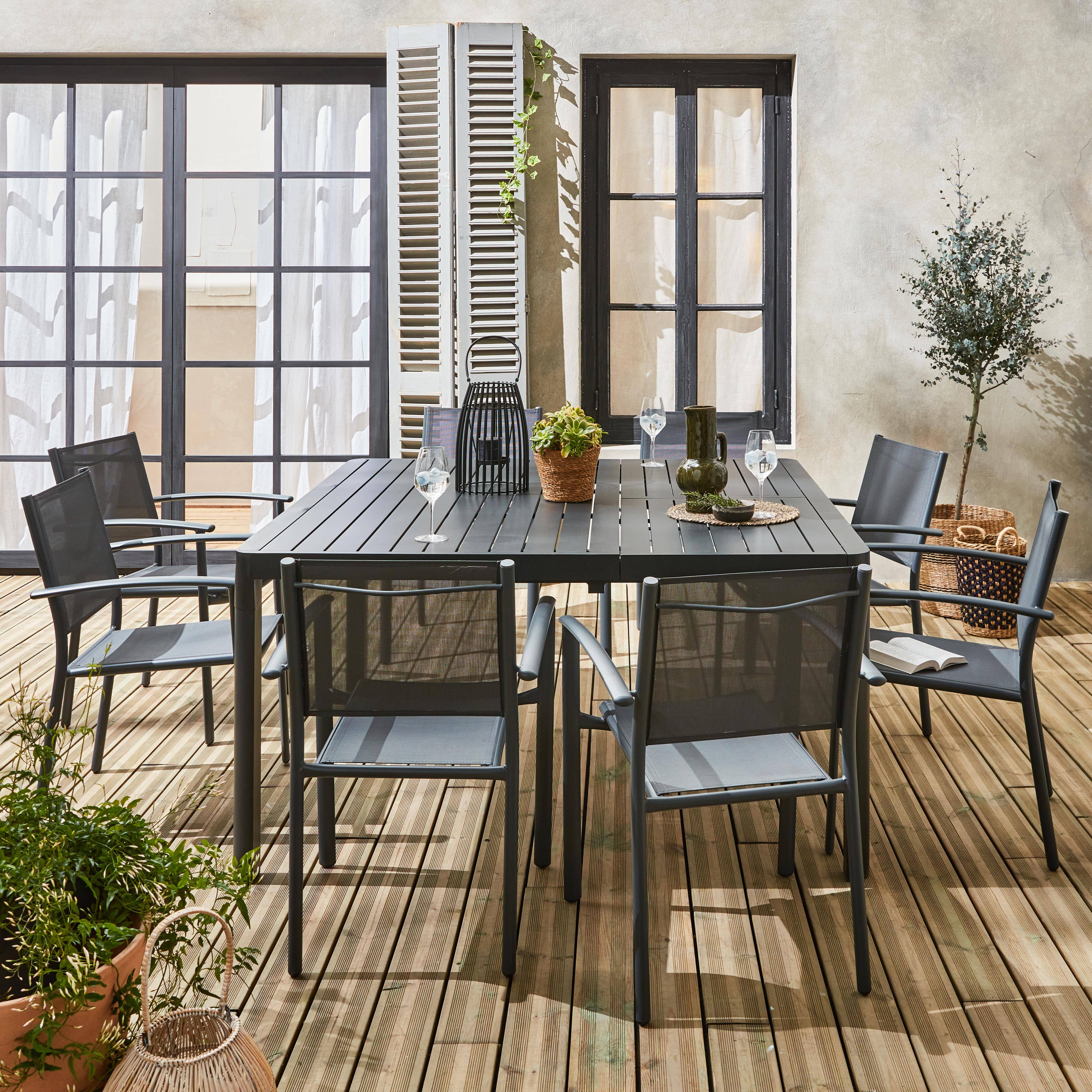 Table de jardin extensible aluminium + 8 fauteuils de jardin empilables, anthracite,sweeek,Photo2