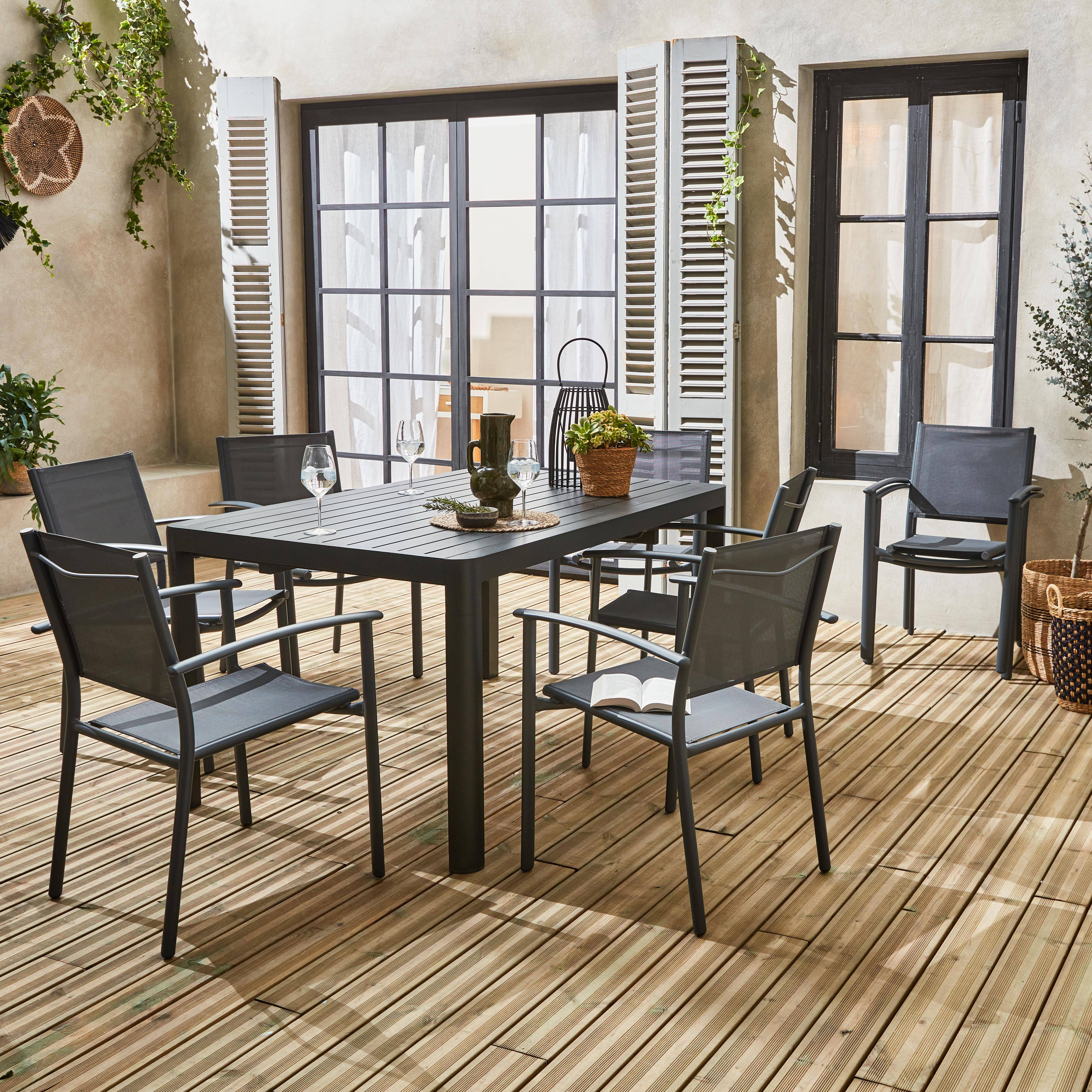 Table de jardin extensible aluminium + 8 fauteuils de jardin empilables, anthracite,sweeek,Photo1