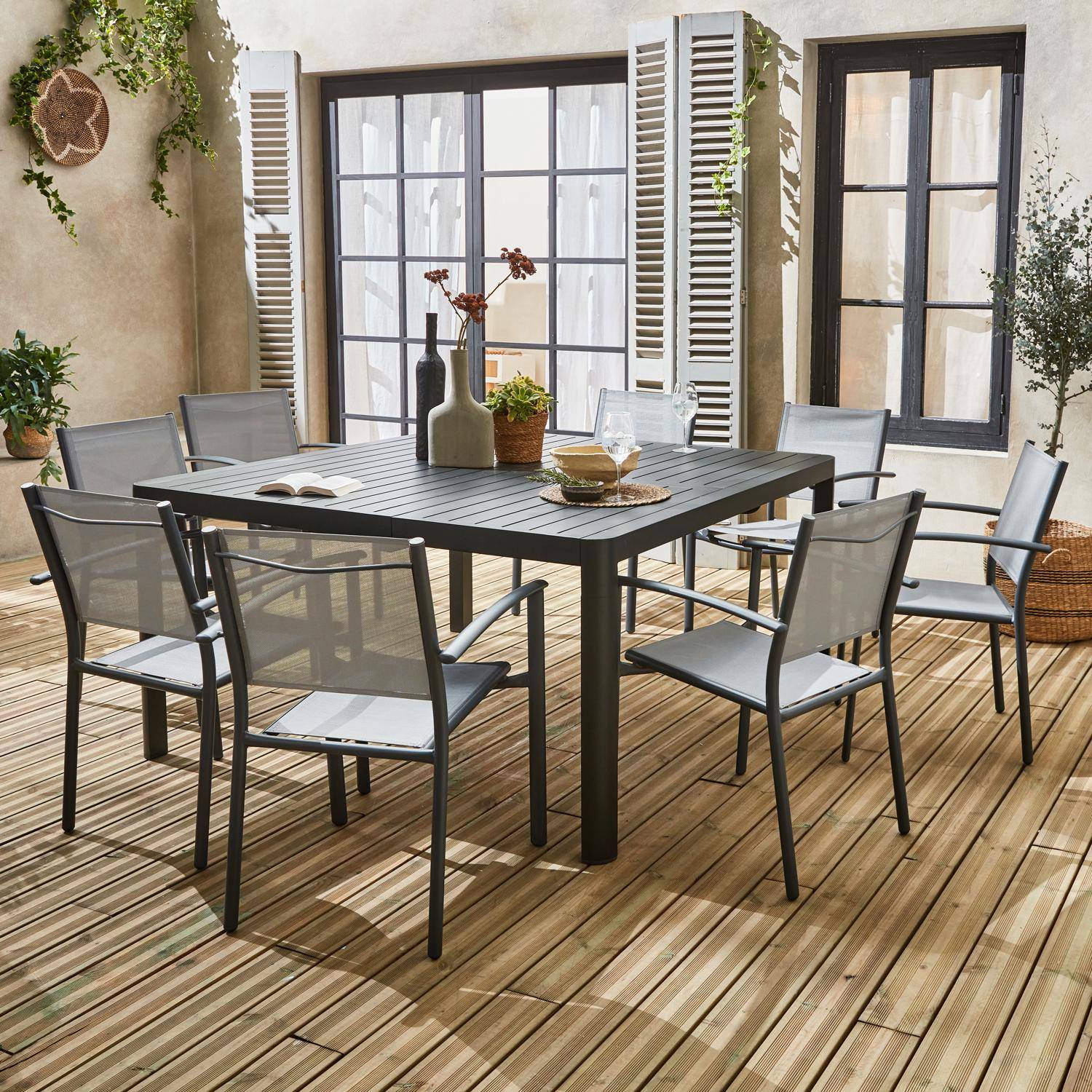 Table de jardin extensible aluminium + 8 fauteuils de jardin empilables, gris clair  Photo7
