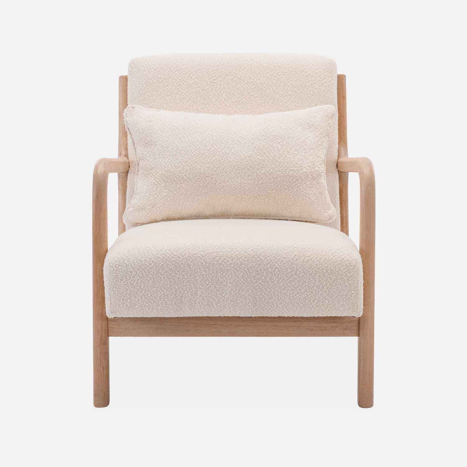 Sessel aus Holz und Bouclé-Stoff, 1 Person, Zirkelbeine, solides Holzgestell, skandinavischer Stil,sweeek,Photo6