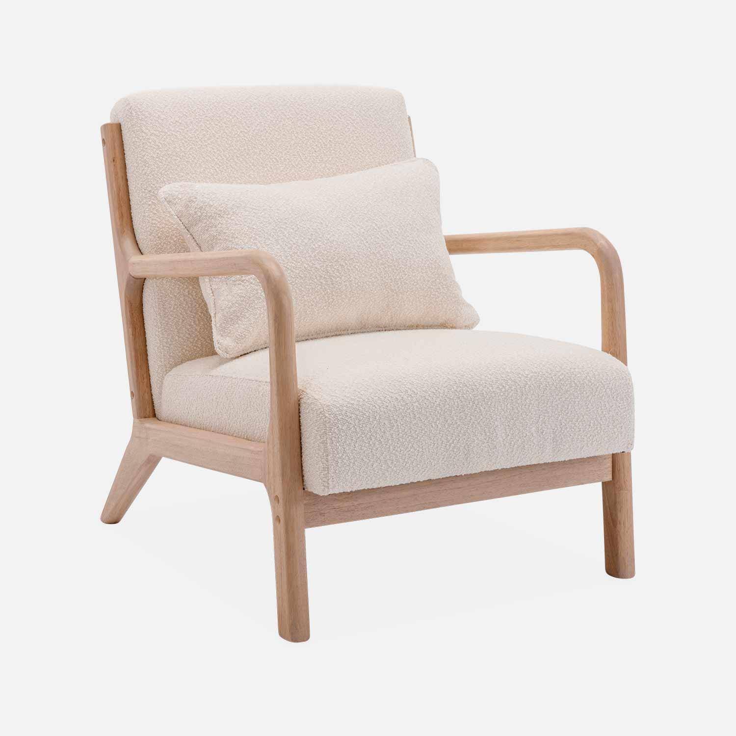 Sessel aus Holz und Bouclé-Stoff, 1 Person, Zirkelbeine, solides Holzgestell, skandinavischer Stil,sweeek,Photo5