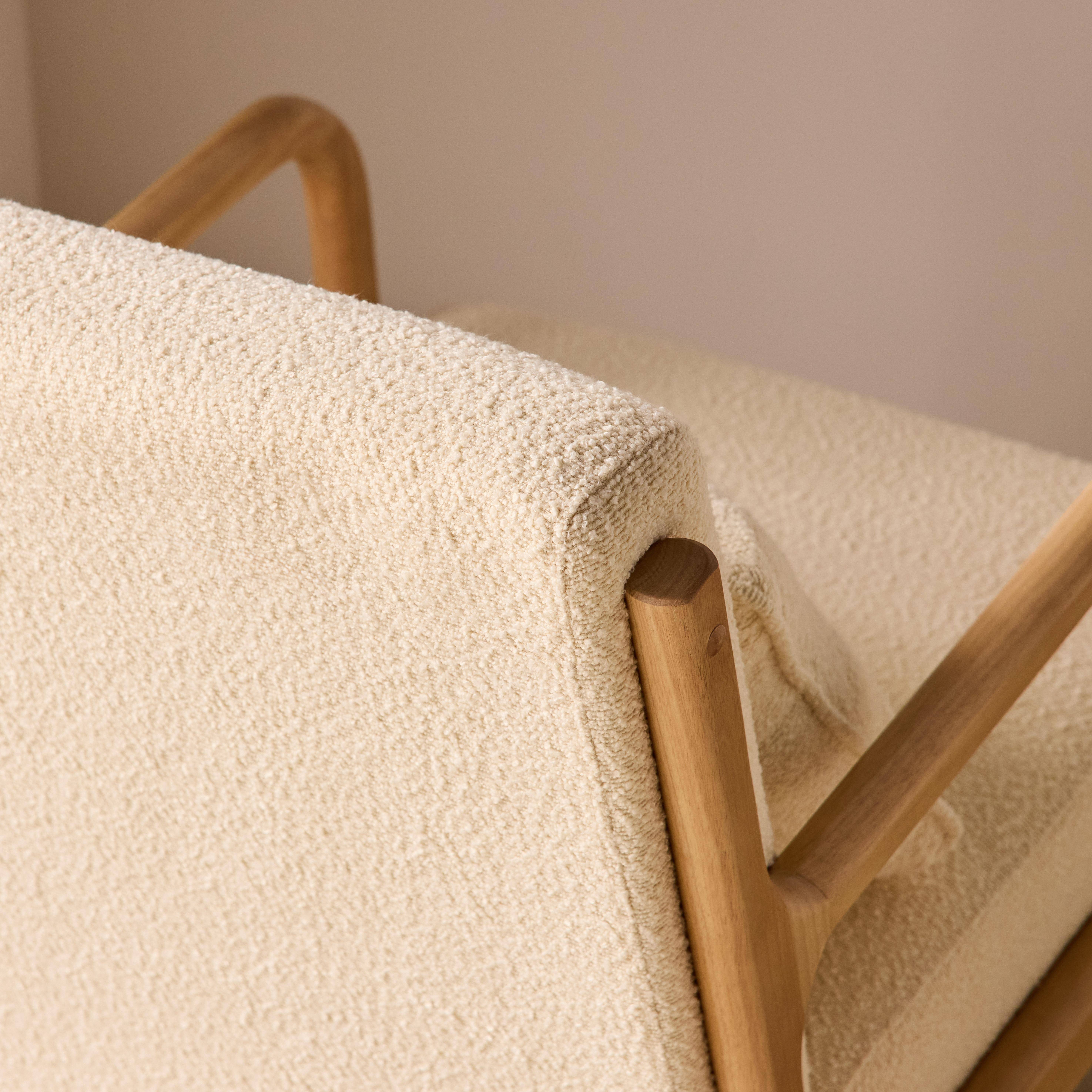 Fauteuil à bouclettes blanches texturées, bois et tissu, 1 place droit fixe, pieds compas scandinave, structure en bois solide Photo3