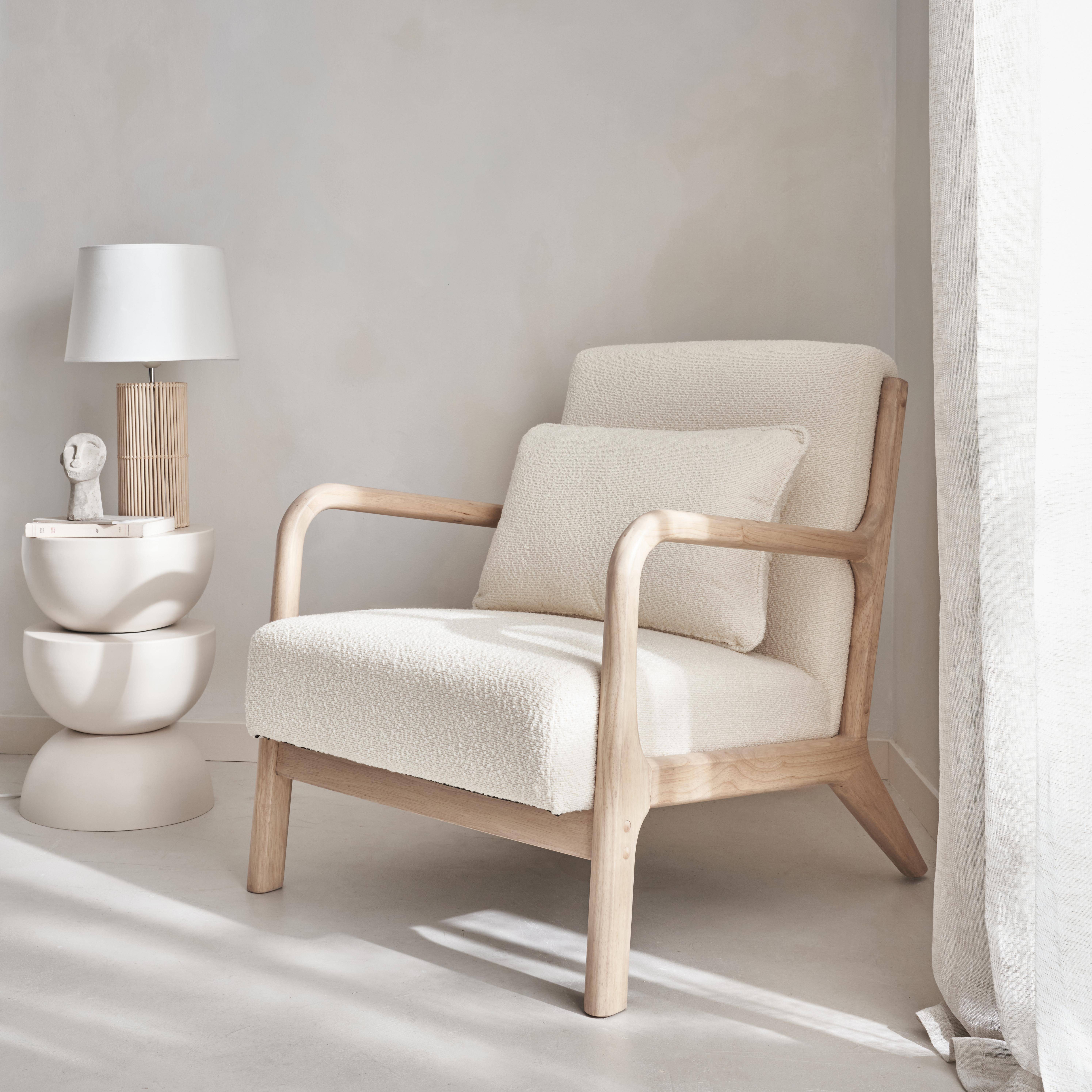 Sessel aus Holz und Bouclé-Stoff, 1 Person, Zirkelbeine, solides Holzgestell, skandinavischer Stil,sweeek,Photo1