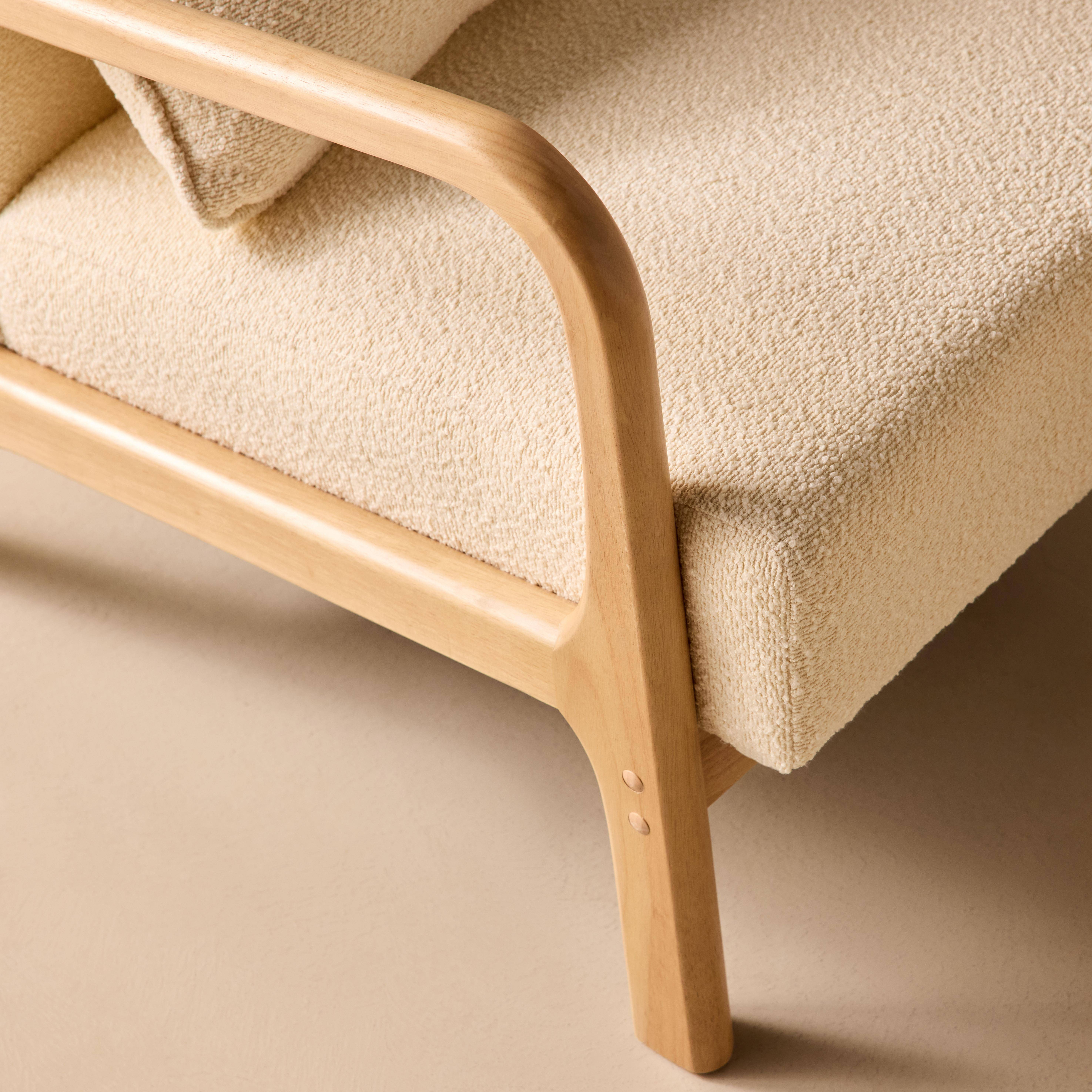 Fauteuil à bouclettes blanches texturées, bois et tissu, 1 place droit fixe, pieds compas scandinave, structure en bois solide Photo4