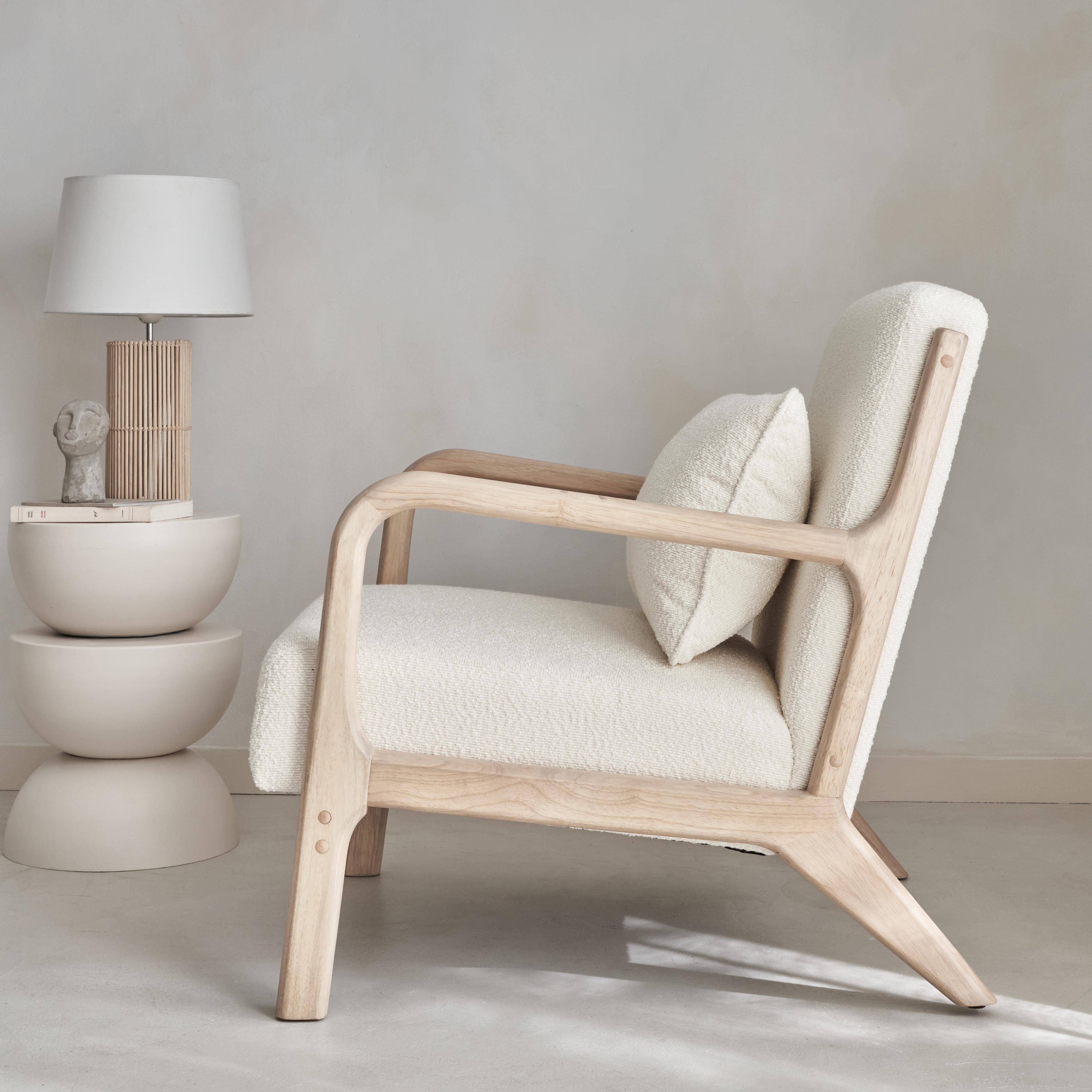 Sessel aus Holz und Bouclé-Stoff, 1 Person, Zirkelbeine, solides Holzgestell, skandinavischer Stil,sweeek,Photo2
