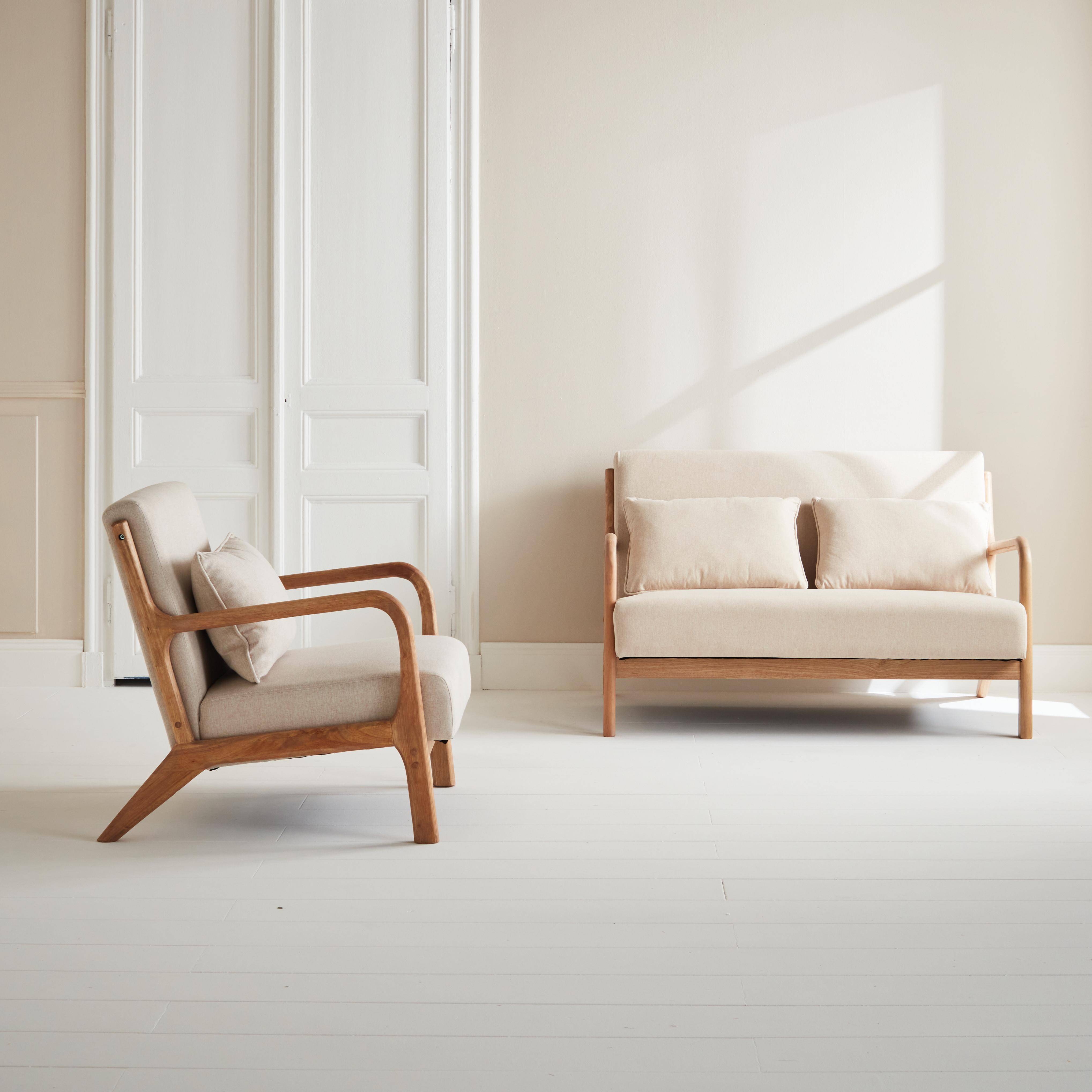 2-zitsbank + beige stoffen en houten fauteuil Photo2
