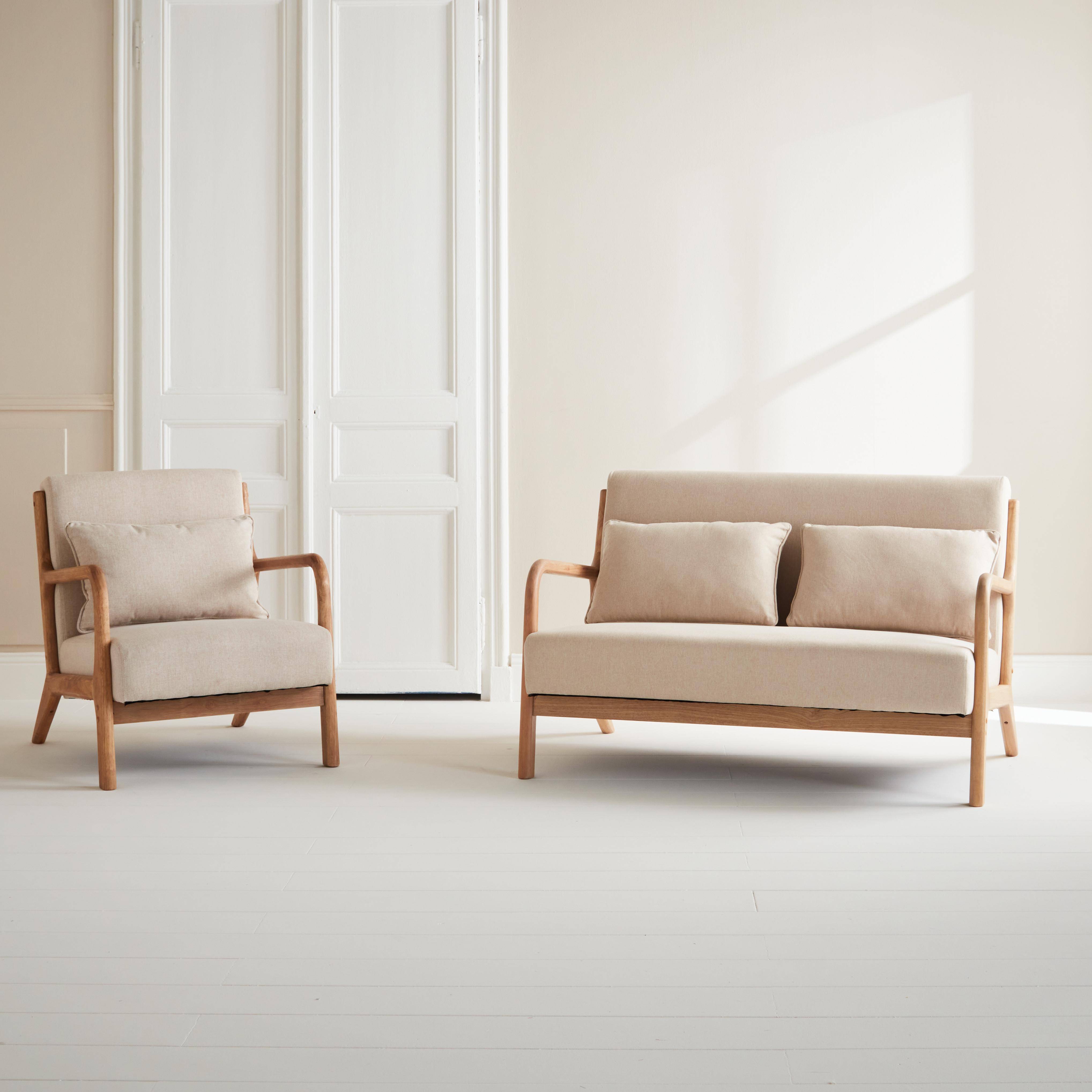 2-zitsbank + beige stoffen en houten fauteuil Photo1