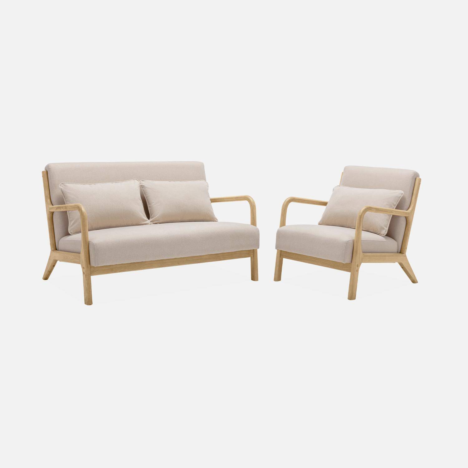 Bank 2-Sitzer + Sessel Holz, Bezug beige