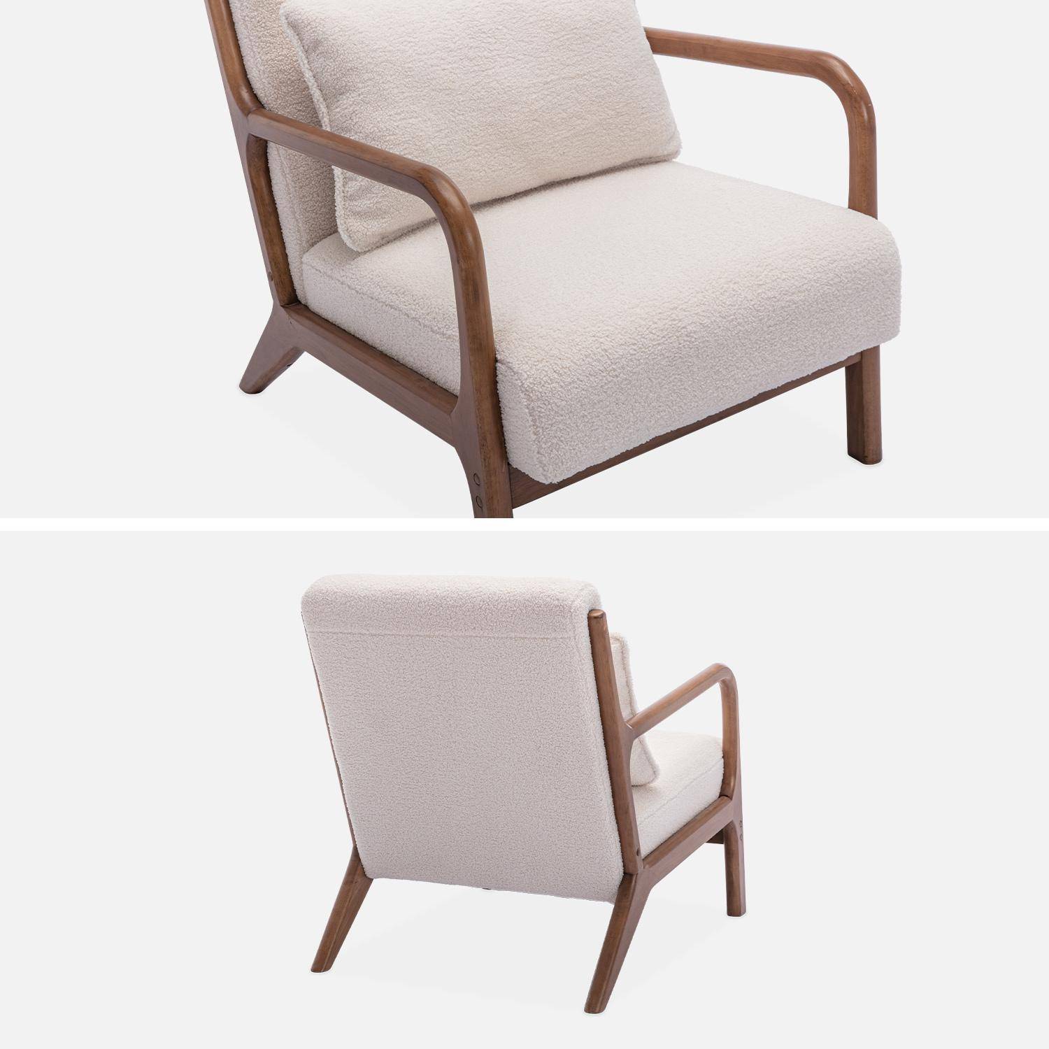 2-zitsbank + boucléstoffe fauteuil van licht walnoot gebeitst rubberhout Photo8