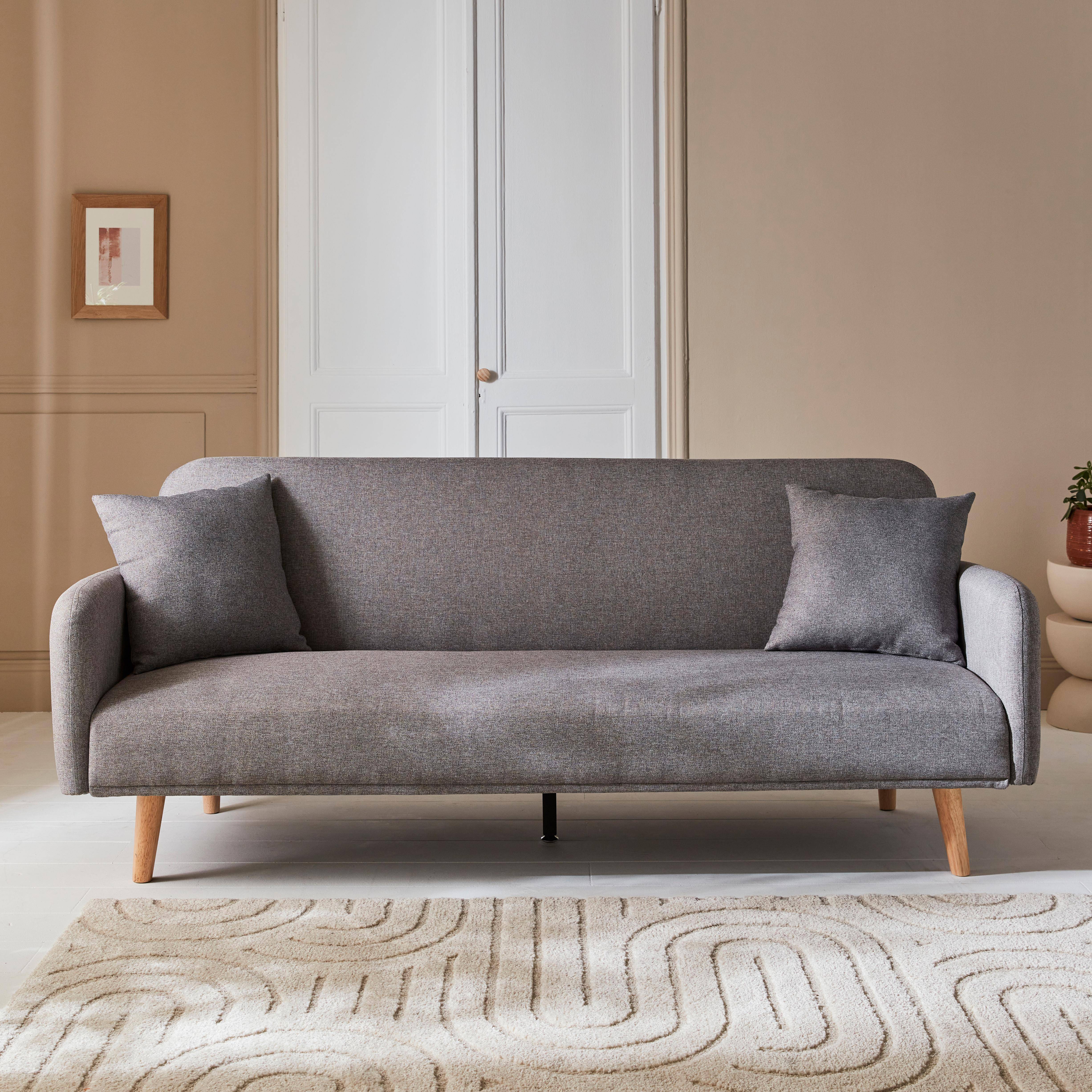 Sofa mit Schlaffunktion, 2-3 Sitzer, Bezug hellgrau, Füße aus Hevea-Holz Photo1