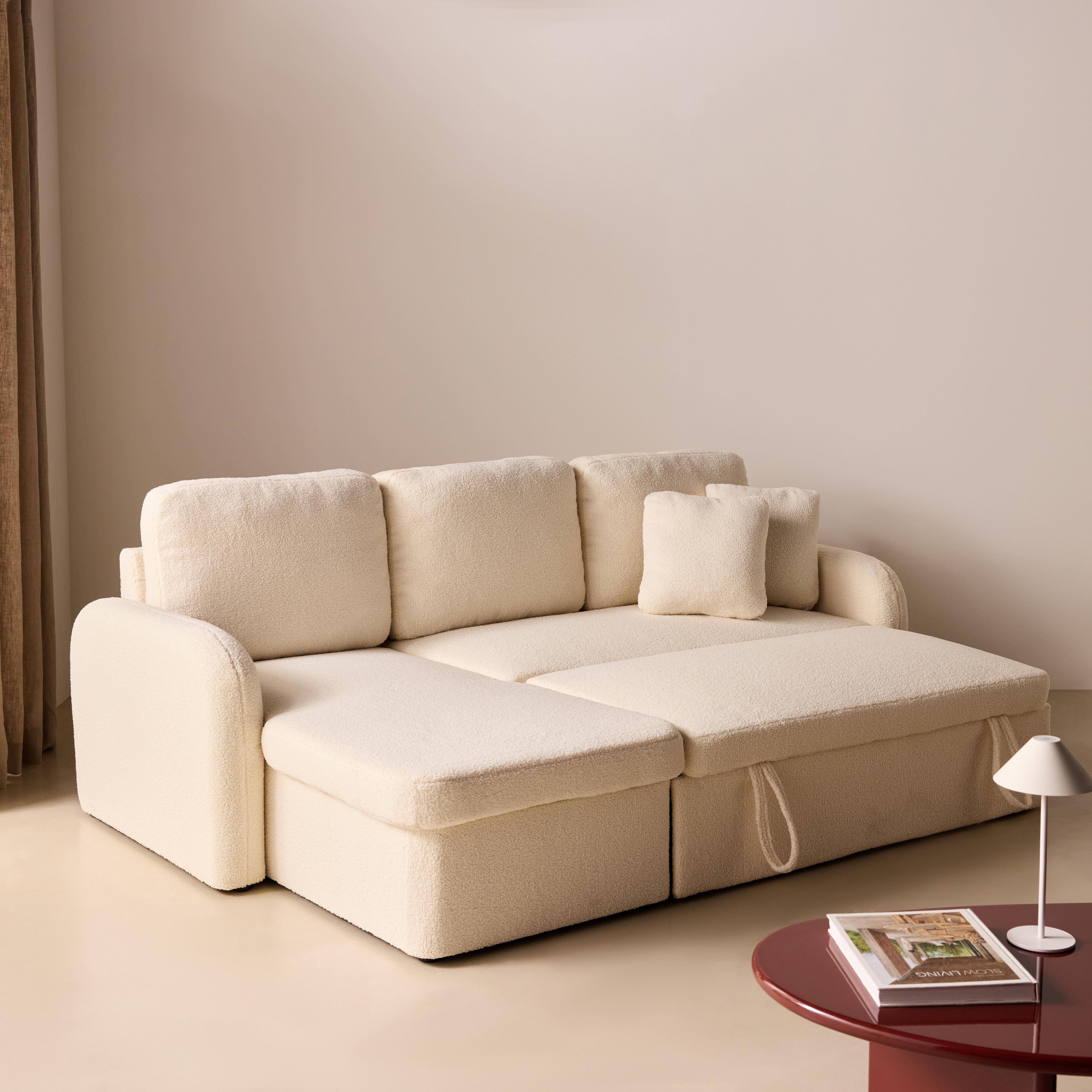 3-osobowa rozkładana sofa narożna Milano z białej tkaniny boucle, dwustronna, schowek, łóżko modułowe,sweeek,Photo3