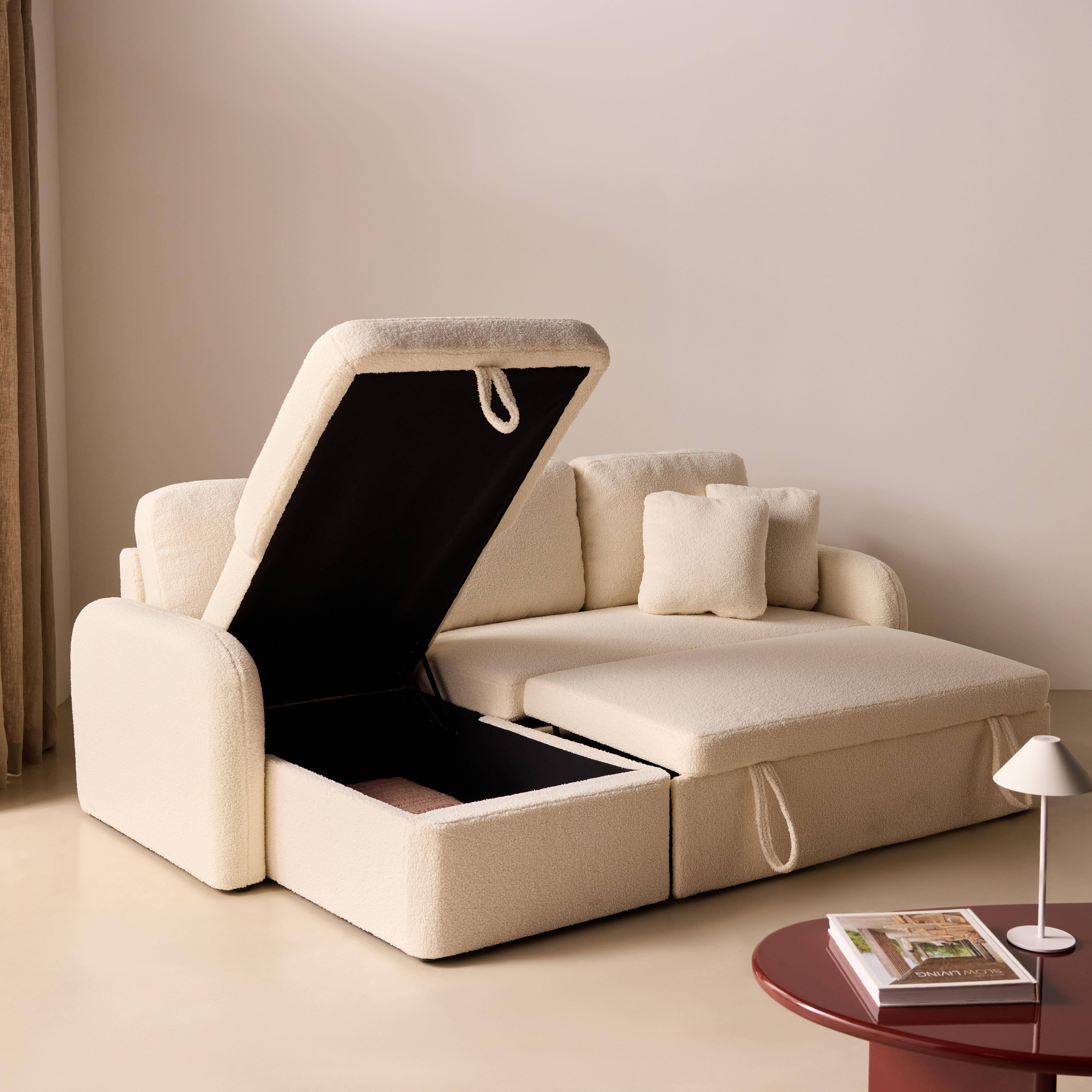 3-osobowa rozkładana sofa narożna Milano z białej tkaniny boucle, dwustronna, schowek, łóżko modułowe Photo4