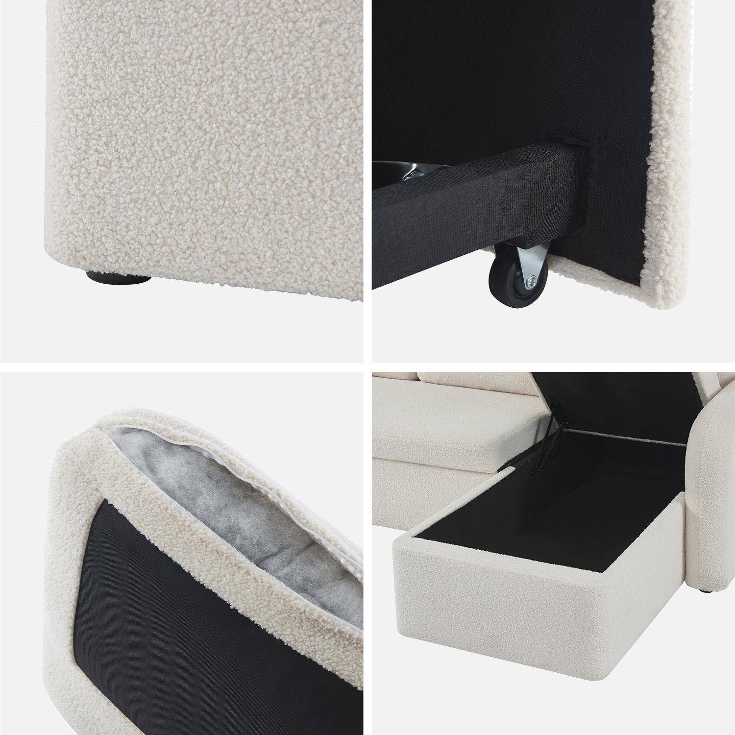 Sofá-cama de canto Milano de 3 lugares em tecido boucle branco, cadeirão de canto reversível, caixa de arrumação, cama modular Photo8