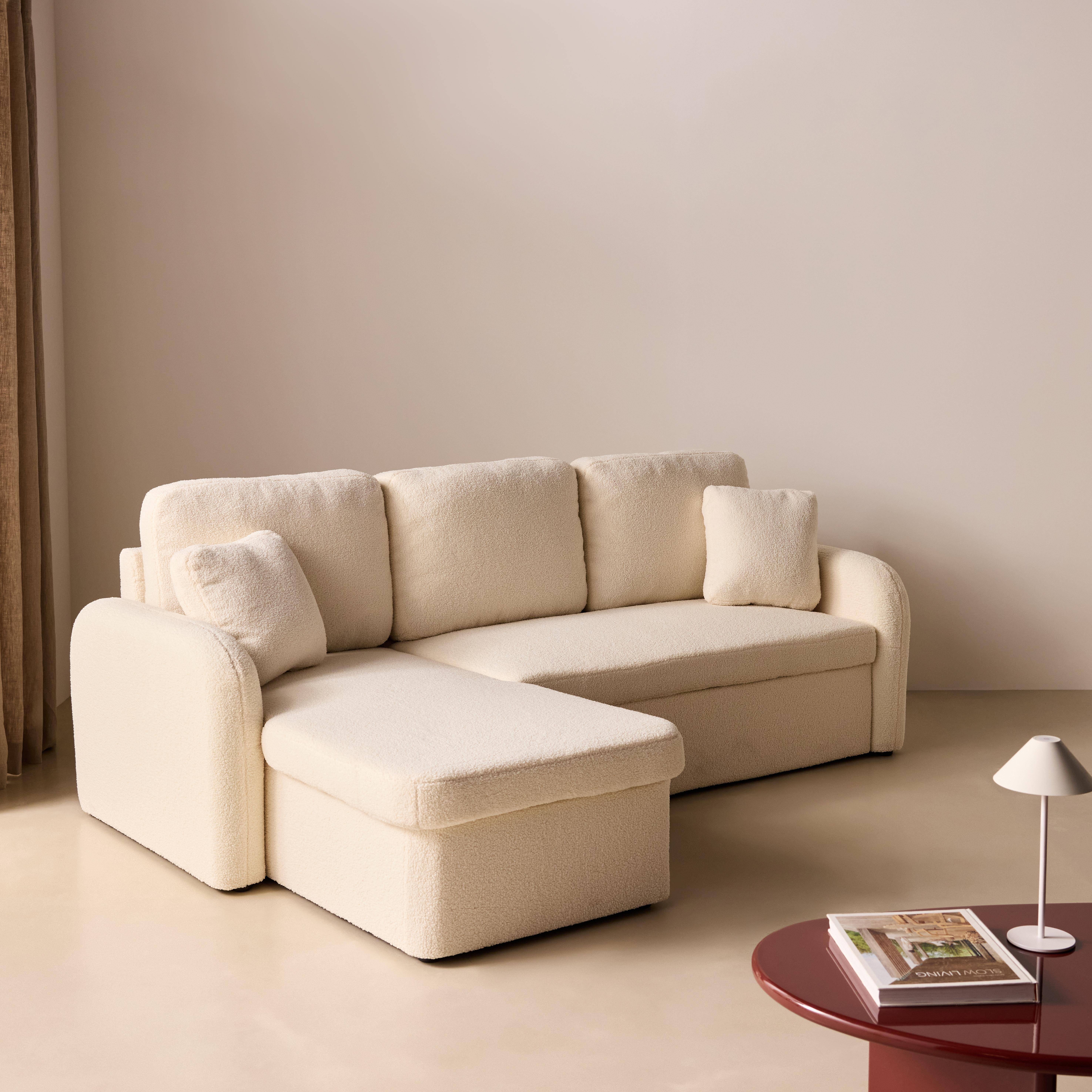 3-osobowa rozkładana sofa narożna Milano z białej tkaniny boucle, dwustronna, schowek, łóżko modułowe Photo2